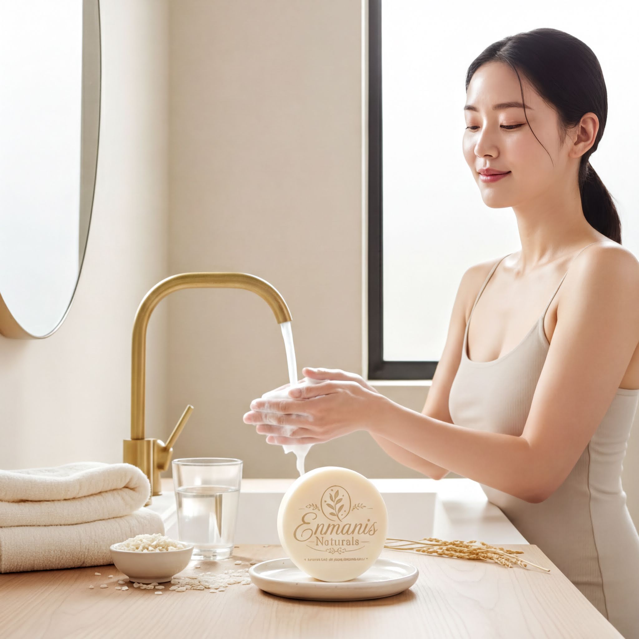 A woman is washing her hands in a bathroom sink, with a round soap dish containing a bar of soap in front of her.