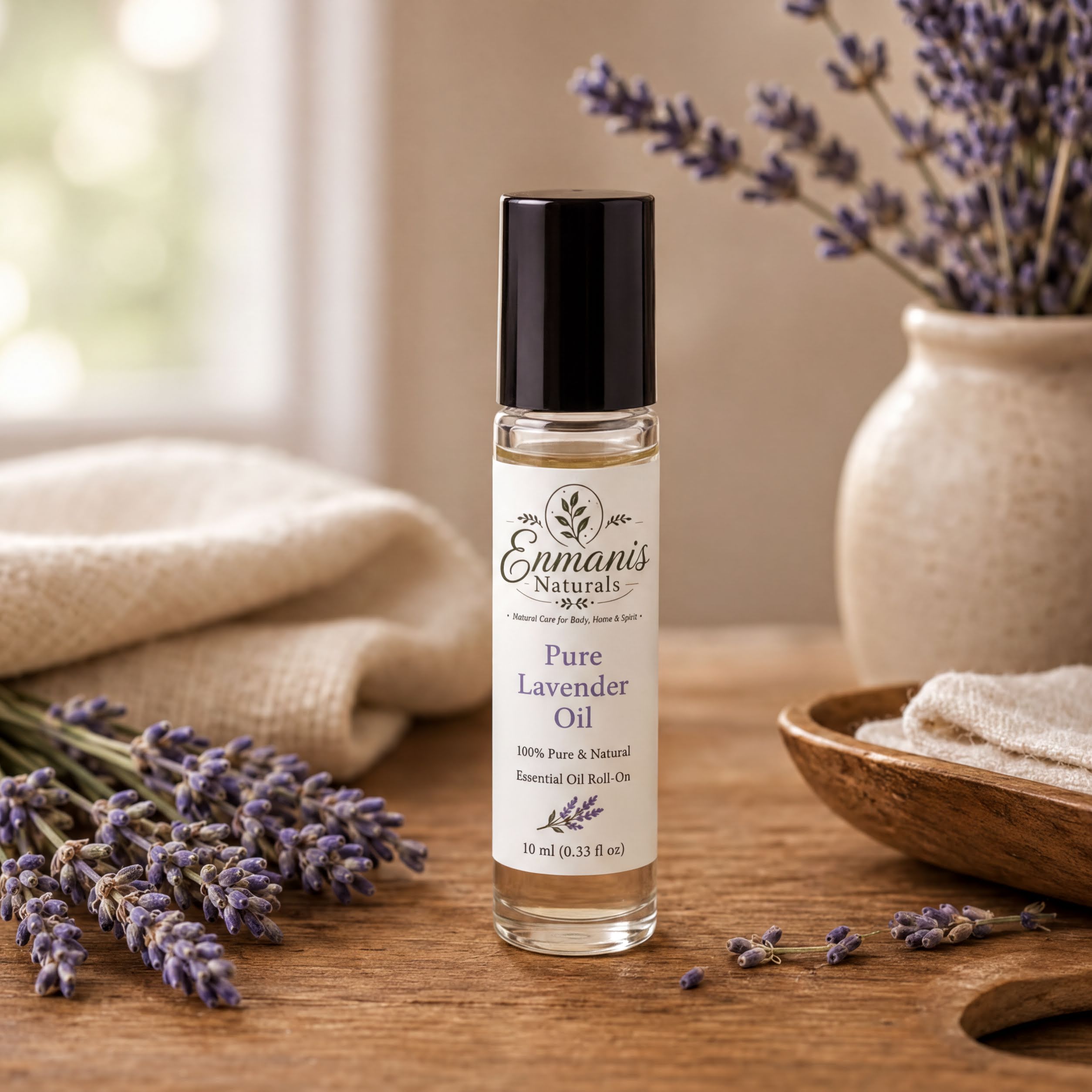 A bottle of pure lavender oil is placed on a wooden surface, surrounded by a bunch of lavender flowers and a wooden bowl.
