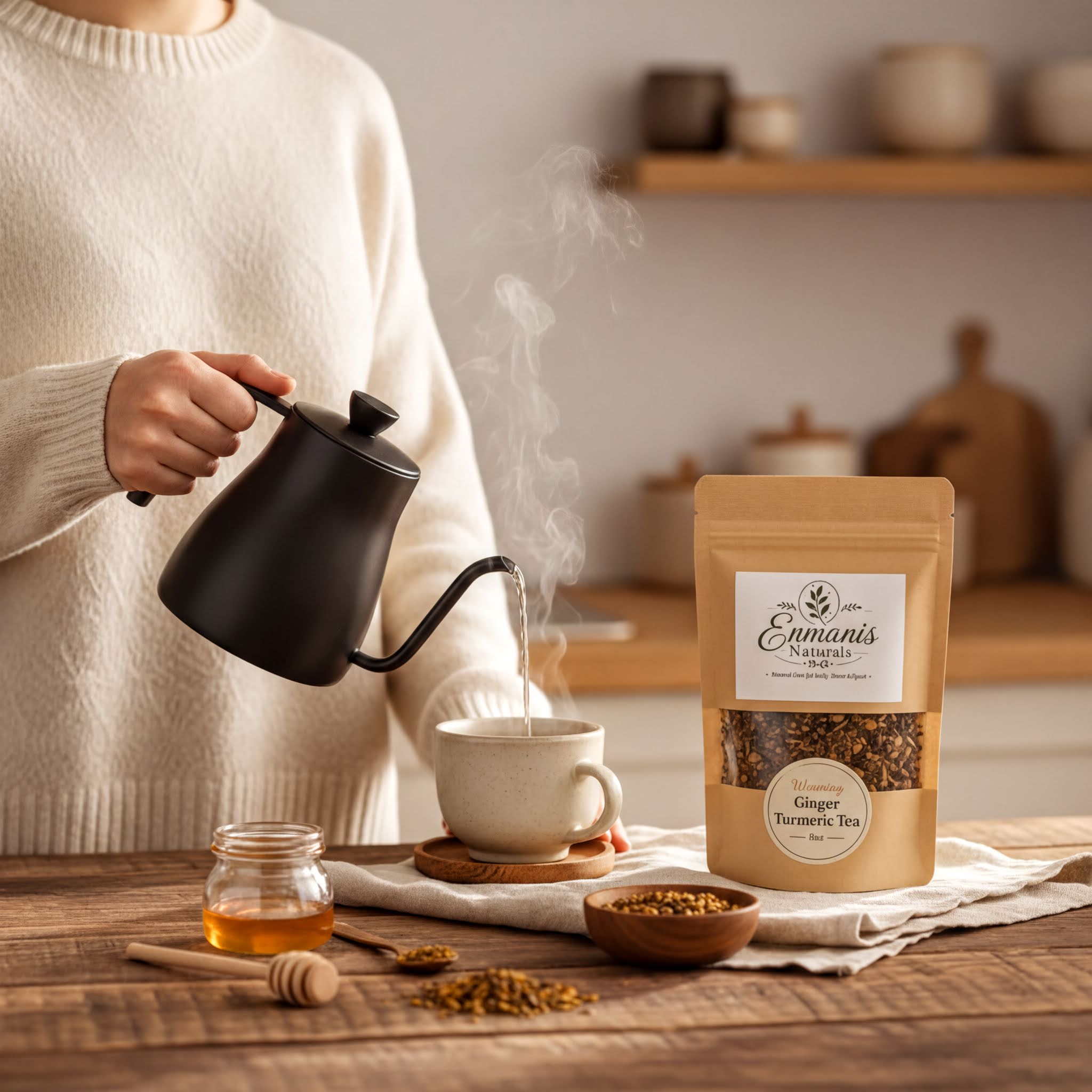 A person is pouring hot water from a black kettle into a white mug, with a wooden spoon and honey jar nearby. There is also a bag of tea next to the mug.