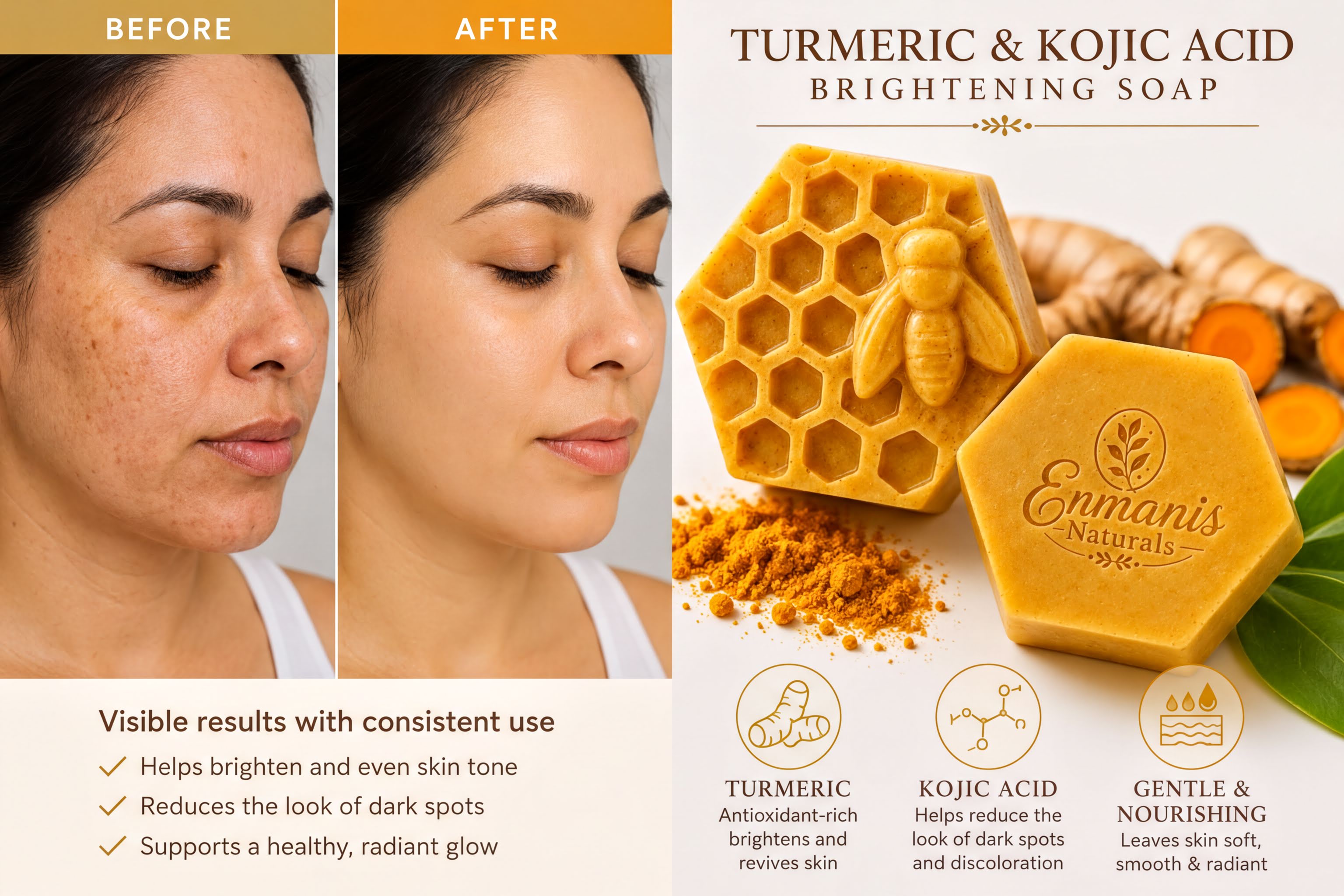 Handmade Turmeric Kojic Acid Soap Bars with Shea Butter, Face Body Cleanser Set of 3