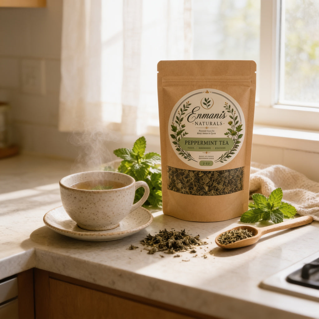 A cup of tea on a white speckled saucer, a wooden spoon, and a bag of peppermint tea leaves on a kitchen counter, with a window and curtains in the background.
