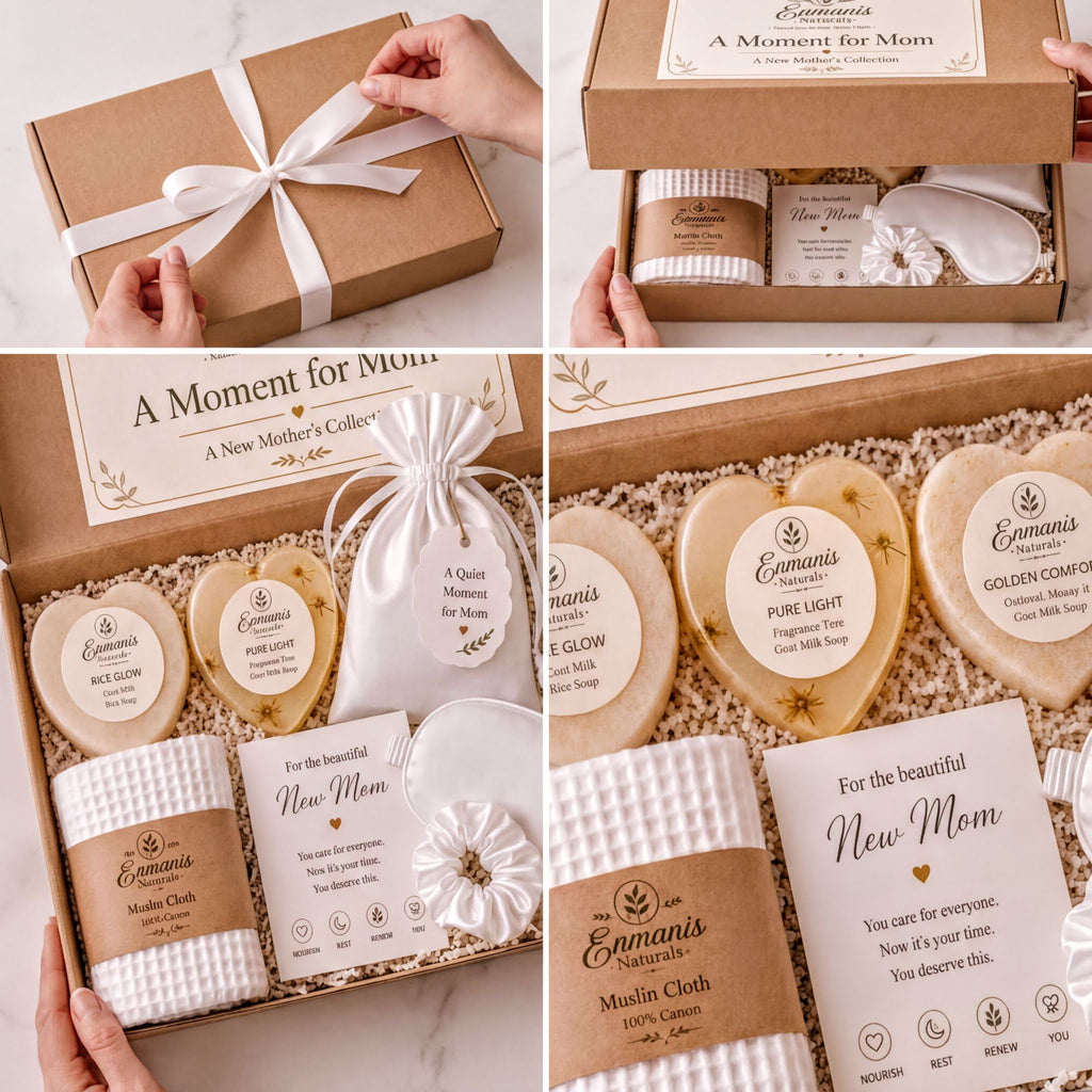 The image is a collage of four photos showing a gift box containing various items, including a white cloth, a pair of glasses, and other baby-related items.