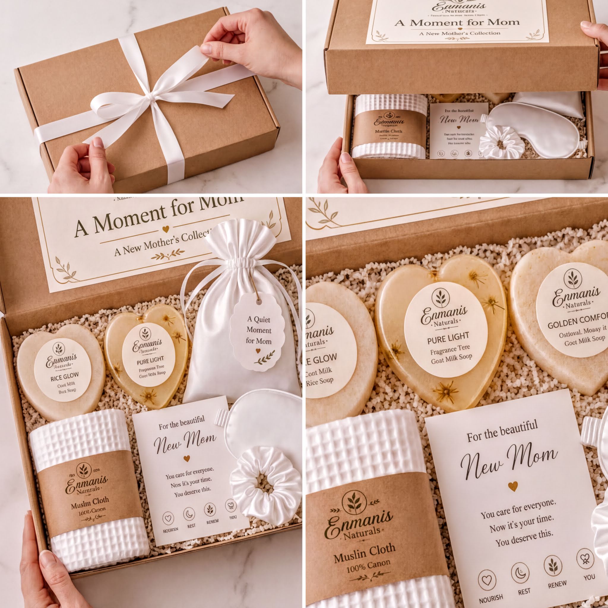 The image is a collage of four photos showing a gift box containing various items, including a white cloth, a pair of glasses, and other baby-related items.
