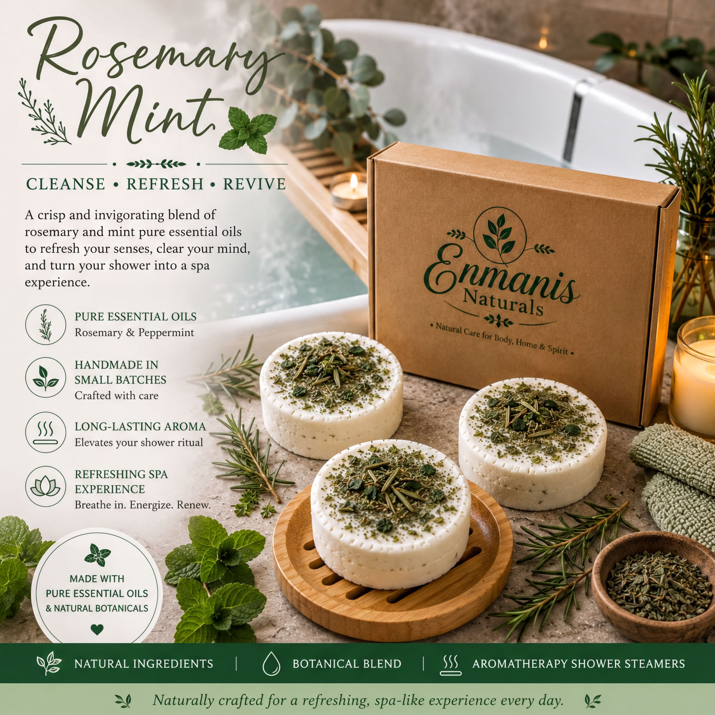 The image is an advertisement for rosemary and mint essential oils and bath products. It features a box of Enmanis Naturals products, including rosemary and mint bath bombs, as well as a wooden tray with two rosemary and mint-infused bath bombs. The products are described as "cleansing, refreshing, and revitalizing" and are made with "pure essential oils" and "natural ingredients". The image also includes a "botanical blend" and "aromatherapy shower steamers" for a spa-like experience.