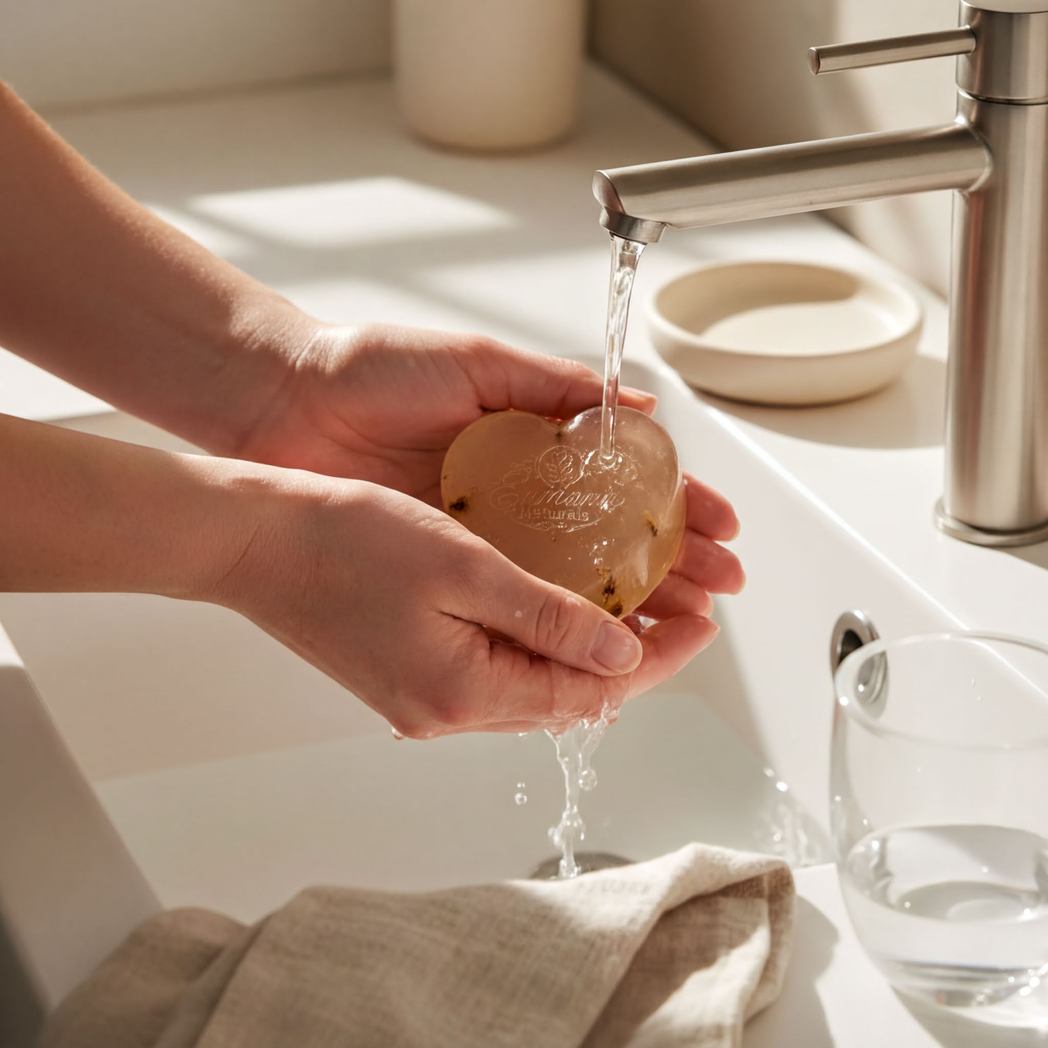 A person's hands are shown washing a heart-shaped object under running water in a bathroom sink.
