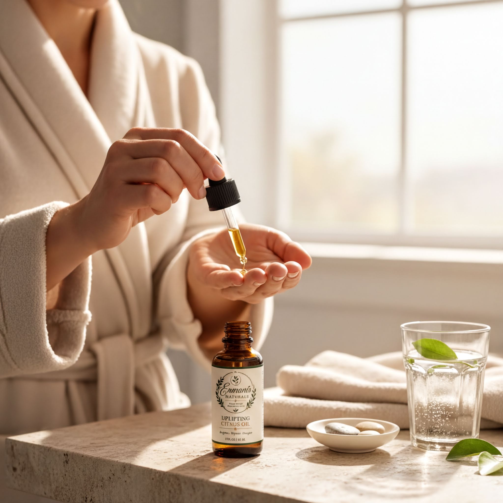 A person in a robe is holding a small bottle of liquid, possibly a bath or skincare product, with a glass of water and a small bowl of pills nearby.