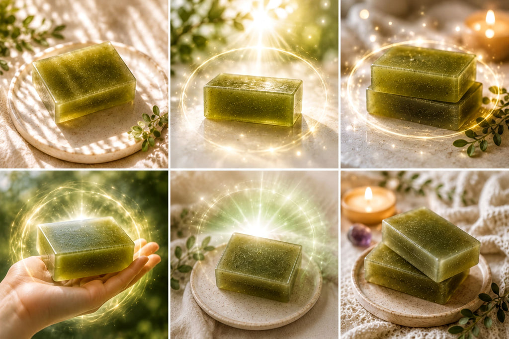 The image is a collage of six photos featuring green soap bars placed on a white plate, surrounded by greenery and a candle.