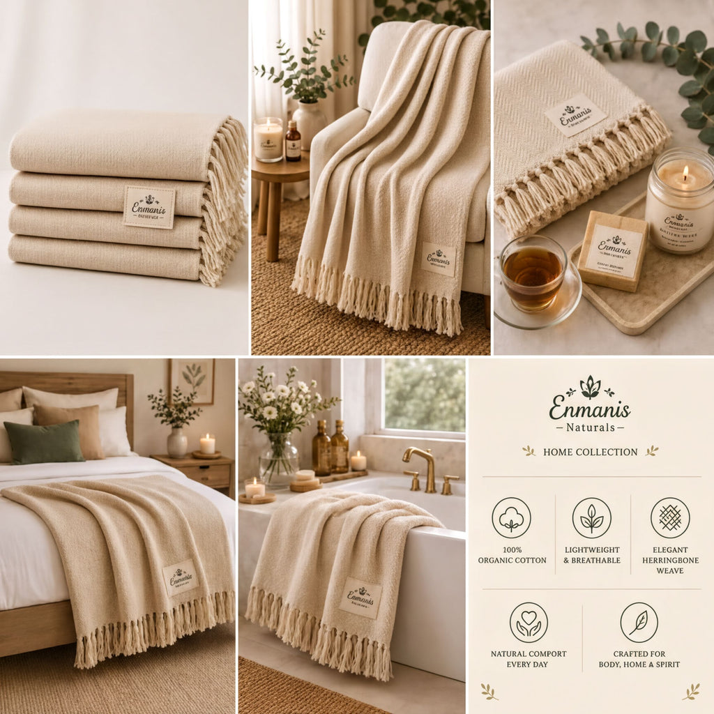 The image is a collage of six photos showcasing various items related to the "Emanis Natural Home Collection". The photos include a stack of beige blankets, a folded blanket, a towel, a candle, a vase of flowers, a bathtub, and a bed. The collage highlights the natural and organic materials used in the items, such as the organic cotton and the herringbone weave. The text on the collage provides information about the items, such as their lightweight, breathable, and elegant nature.