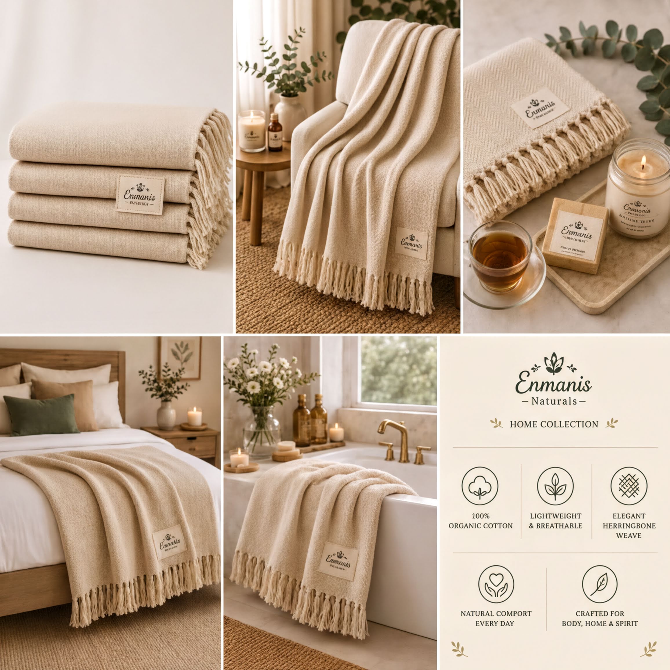 The image is a collage of six photos showcasing various items related to the "Emanis Natural Home Collection". The photos include a stack of beige blankets, a folded blanket, a towel, a candle, a vase of flowers, a bathtub, and a bed. The collage highlights the natural and organic materials used in the items, such as the organic cotton and the herringbone weave. The text on the collage provides information about the items, such as their lightweight, breathable, and elegant nature.