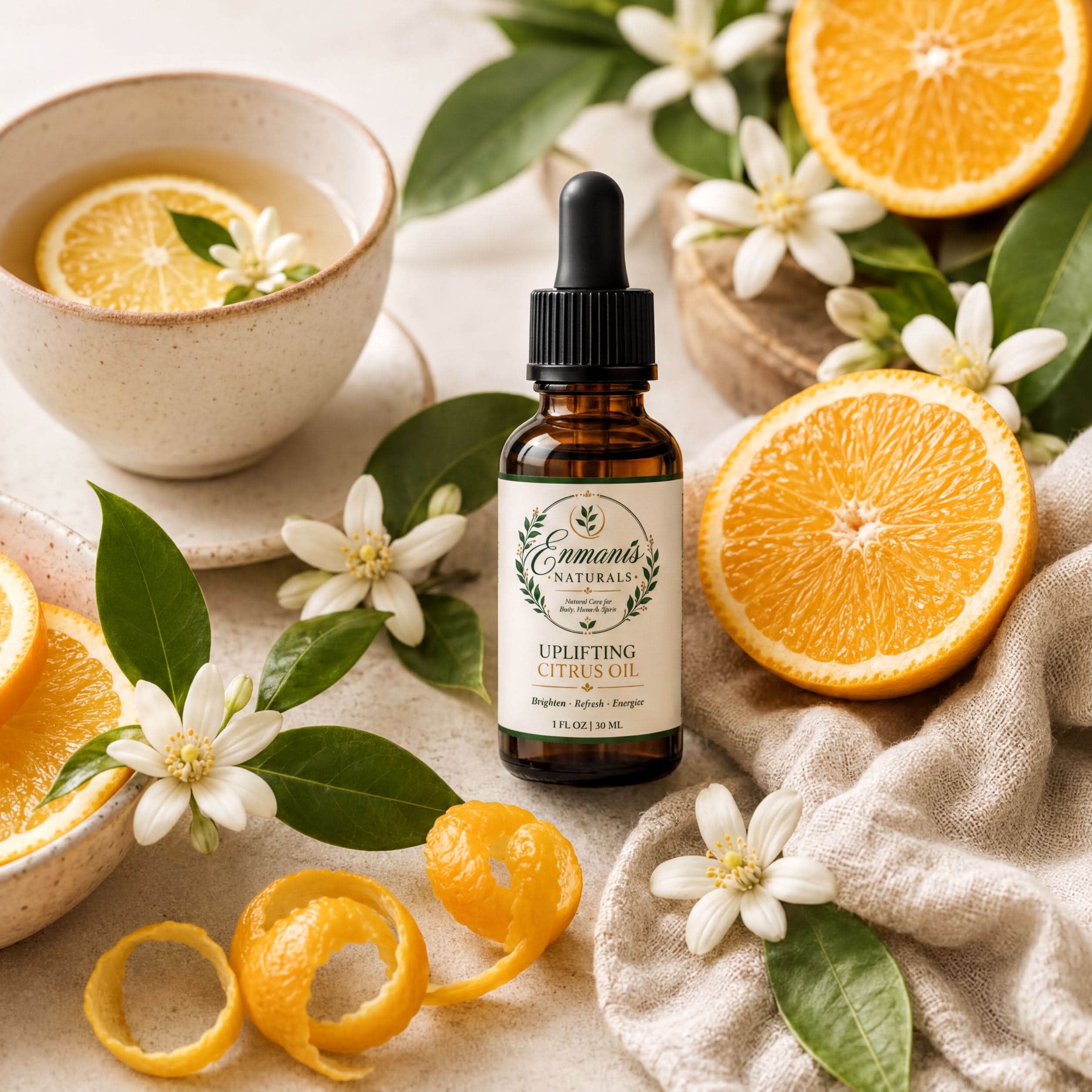 a bottle of citrus oil surrounded by fresh oranges, white flowers, and leaves, creating a vibrant and natural scene.