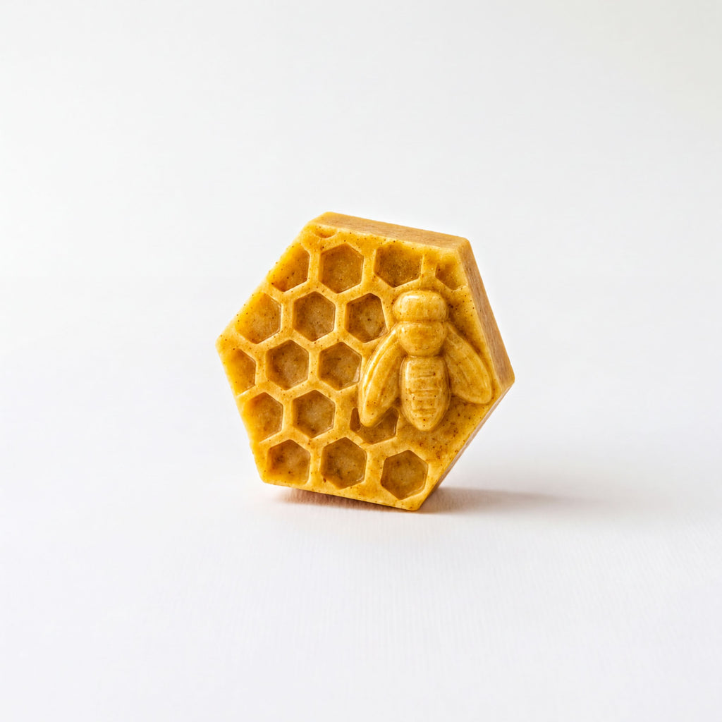 A honeycomb-shaped soap bar with a bee design on it.