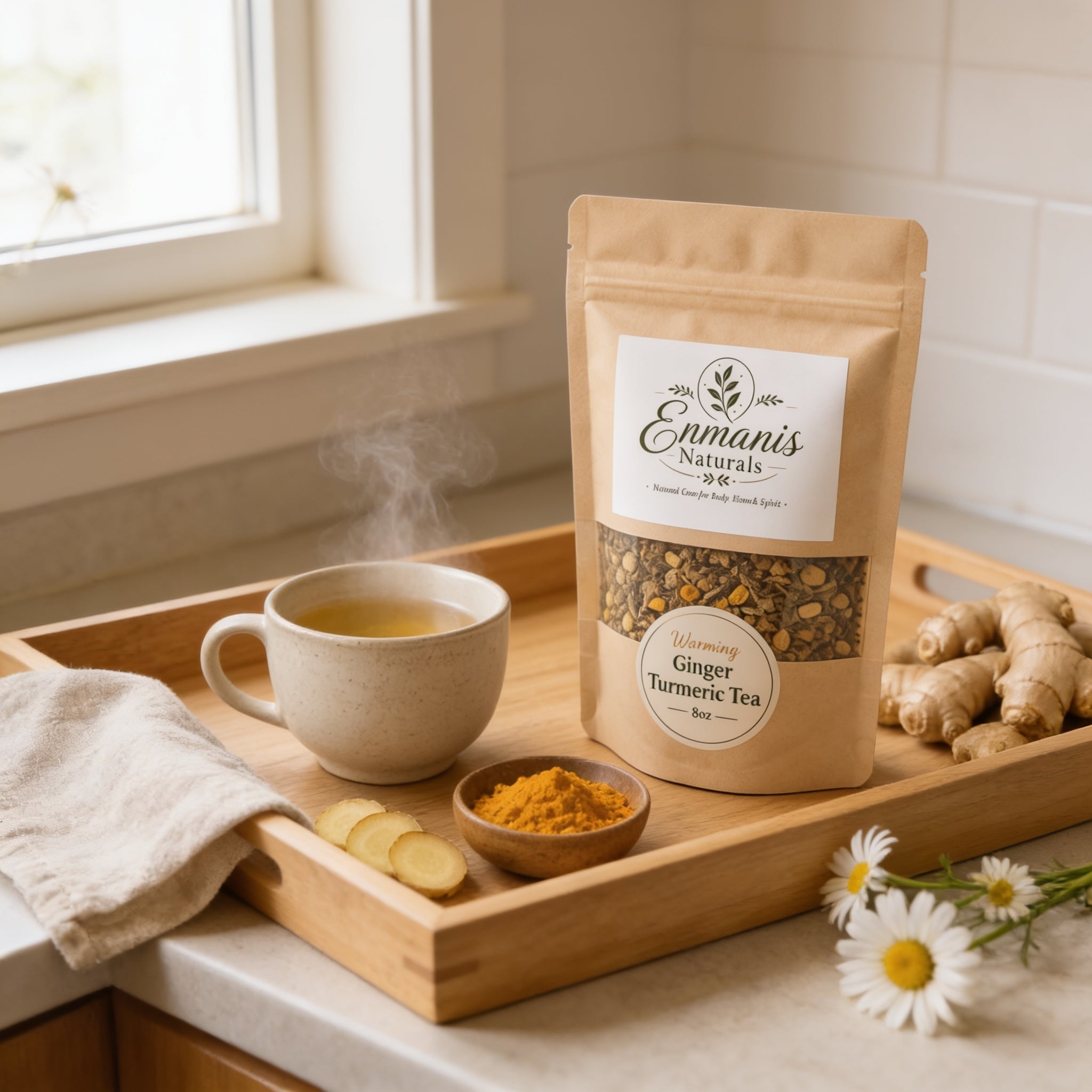 A wooden tray holds a cup of tea, a bag of Enmanis Naturals Ginger Turmeric Tea, sliced ginger, and a small bowl of turmeric on a kitchen counter.