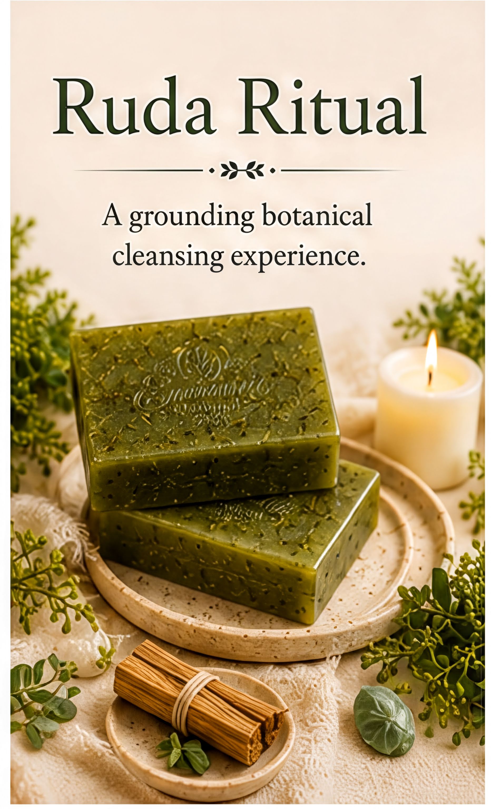 The image is a poster for a product called "Ruda Ritual". It features a green bar of soap, a lit candle, and some herbs, all arranged on a white background.