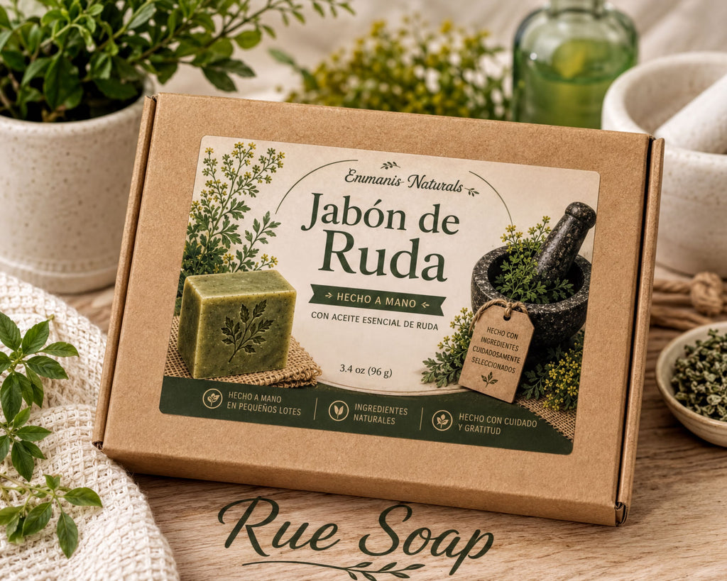 a cardboard box with a label for a soap product, surrounded by various potted plants and other items on a wooden surface.