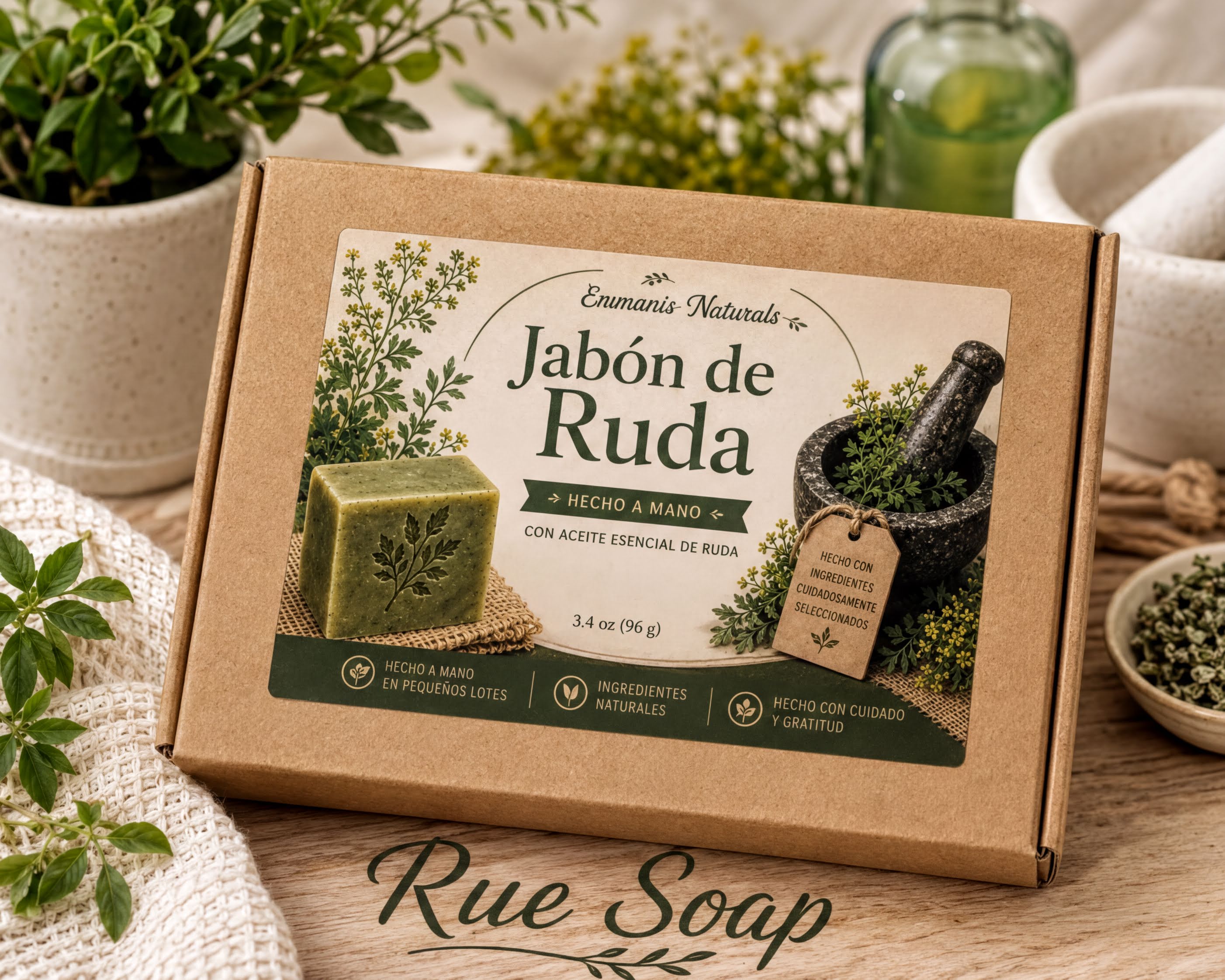 a cardboard box with a label for a soap product, surrounded by various potted plants and other items on a wooden surface.