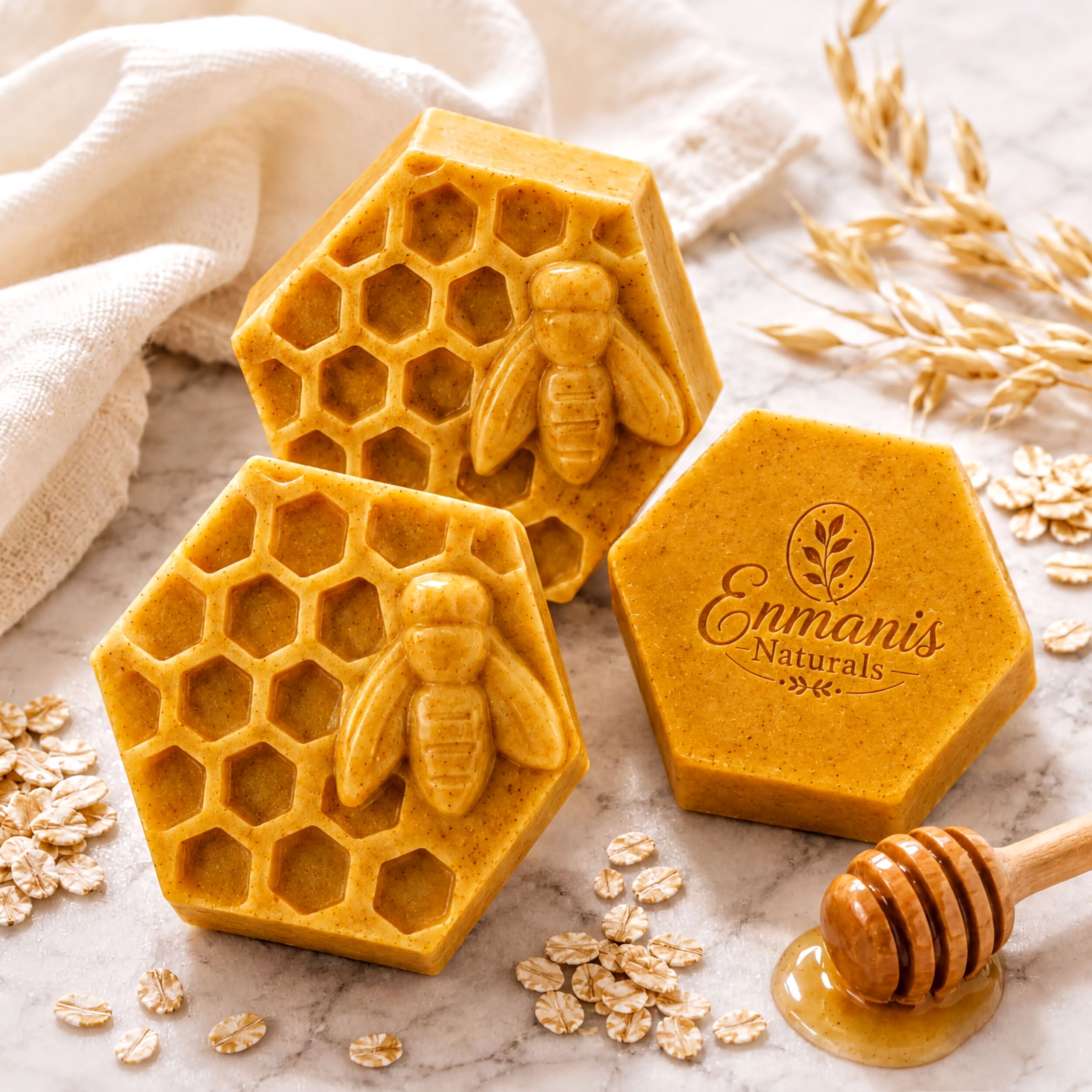 two honeycomb-shaped soap bars with a bee design, placed on a marble surface alongside a honey dipper and scattered oats.