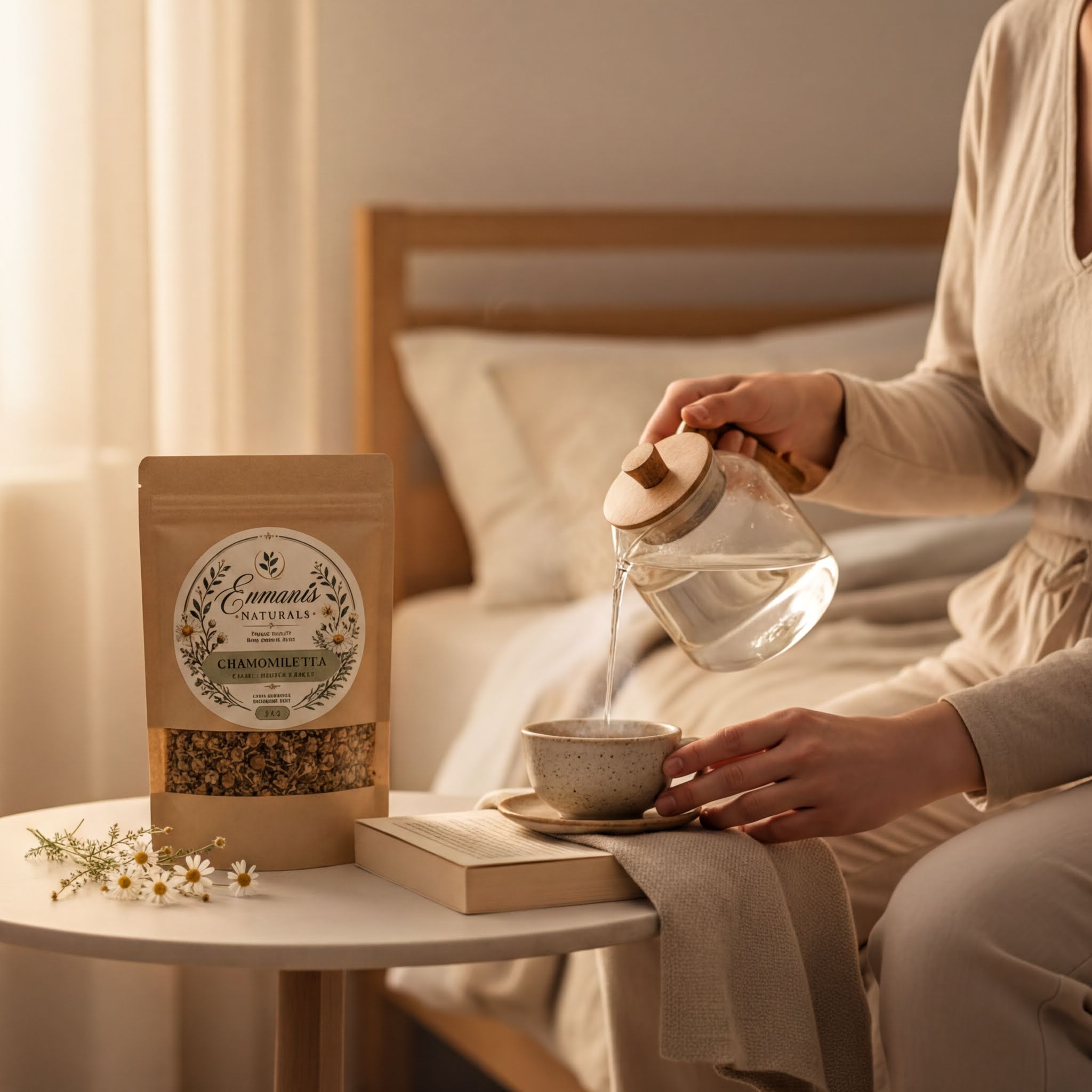 A person is pouring tea from a glass pitcher into a small white cup, with a bag of chamomile tea next to it on a table.