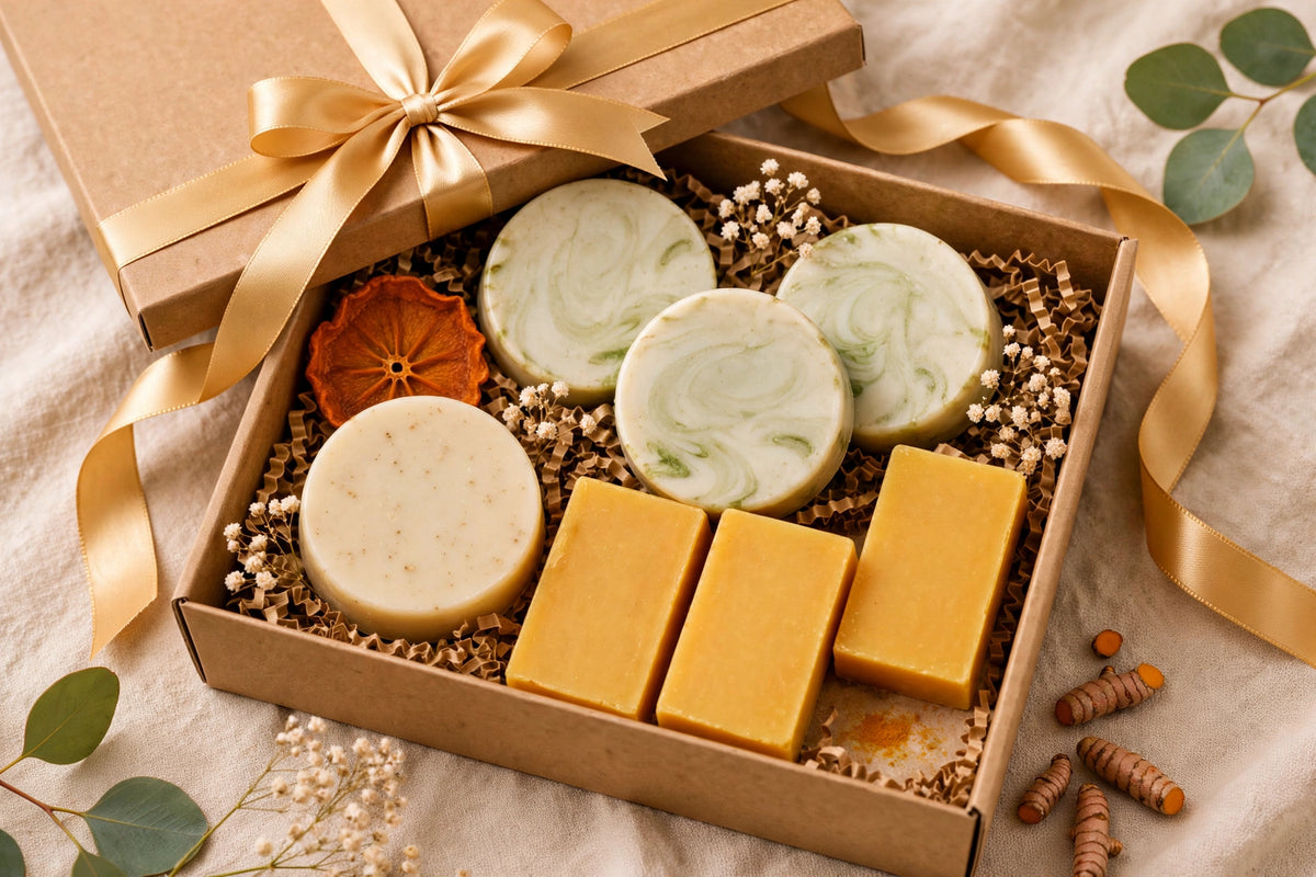 Enmanis Gift Box - kraft gift box with gold ribbon, matcha and turmeric goat milk soaps