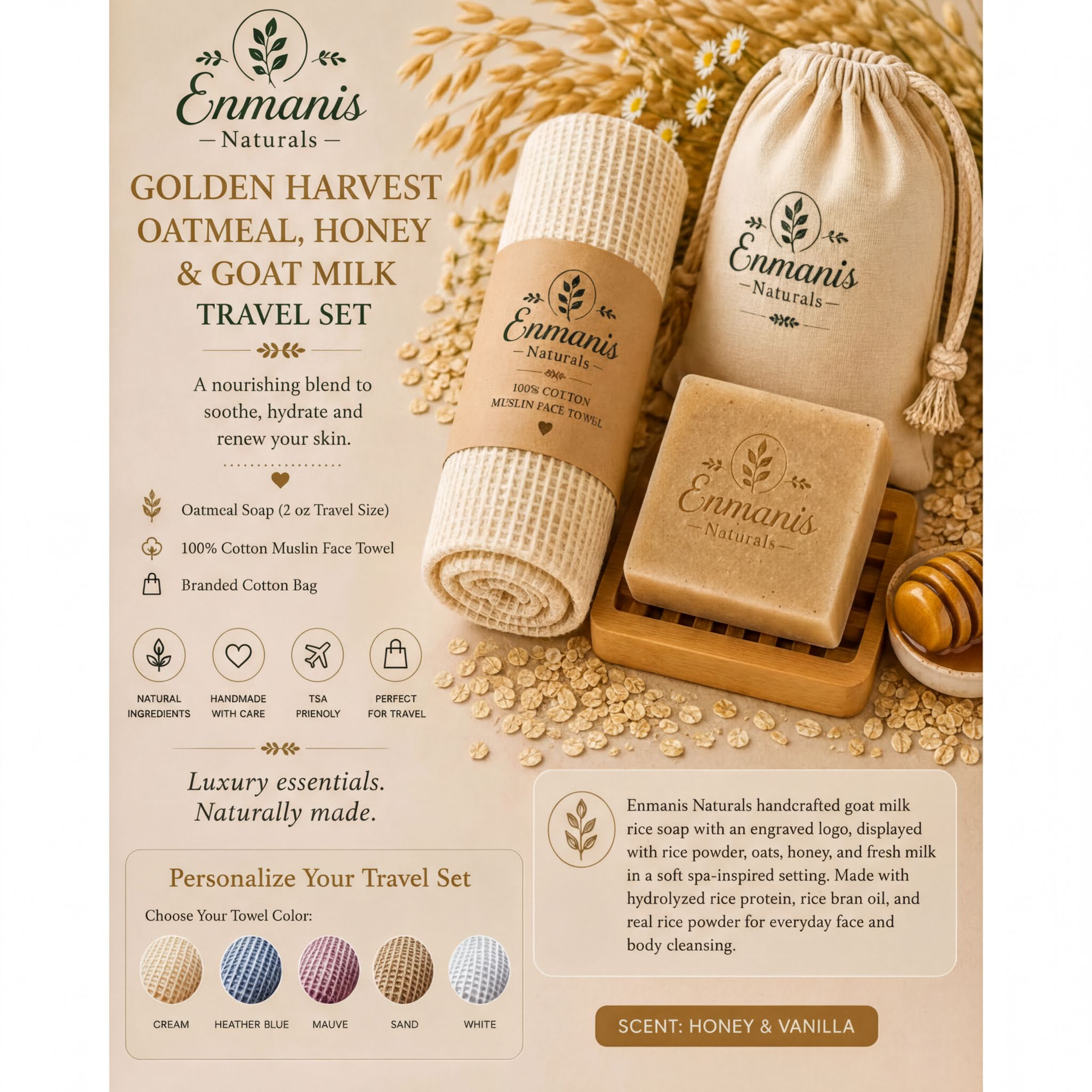 The image is an advertisement for a travel set from Enmanis Naturals, featuring a variety of natural and luxurious products such as an oatmeal soap, a honey and goat milk soap, and a travel towel.