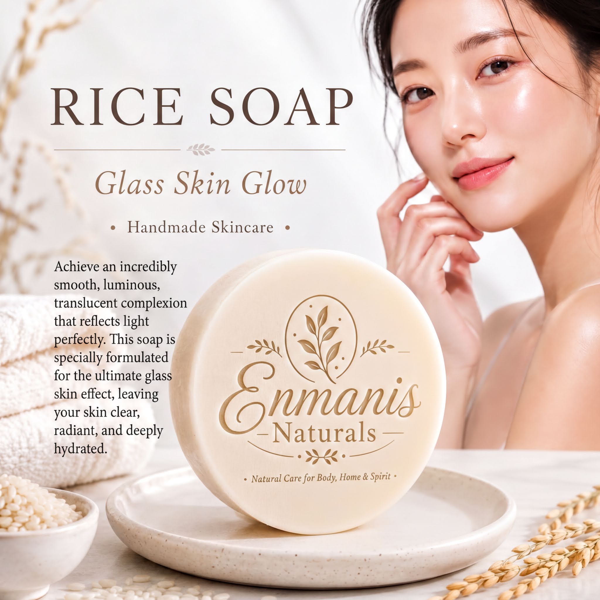 a woman with her hand on her chin, smiling and looking directly at the camera. She is wearing a white tank top and has a glass skin glow on her face. The image also includes text that describes the rice soap as a "Handmade Skincare" product, with a focus on its "Translucent Complex" that reflects light perfectly, leaving the skin clear, radiant, and deeply hydrated. The rice soap is presented on a white plate, and there are some wheat stalks in the background.