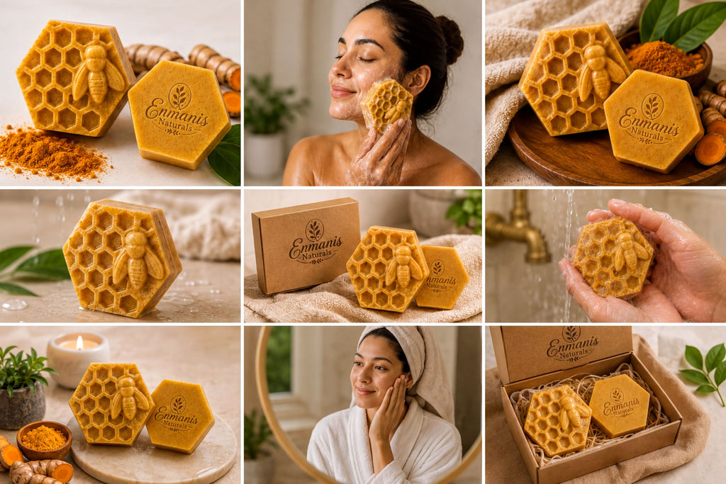 The image is a collage of nine photos featuring a woman using honeycomb-shaped soap bars, surrounded by various natural elements such as honey, ginger, and leaves.