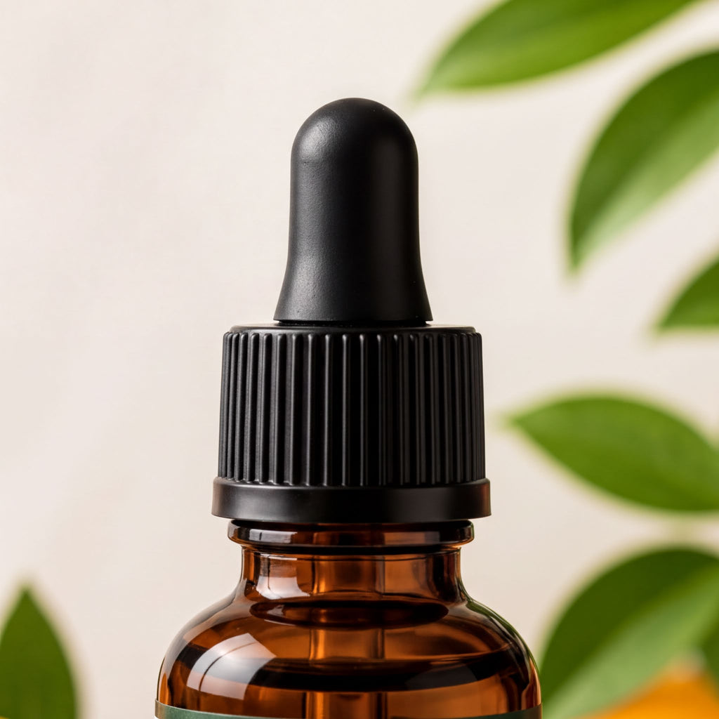 A close-up view of a brown glass bottle with a black dropper cap, set against a blurred background of green leaves.