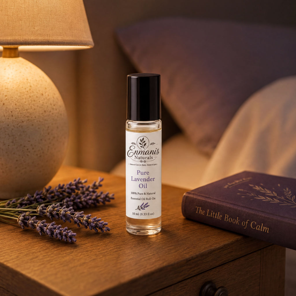A bottle of pure lavender oil is placed on a wooden nightstand next to a lamp and a book titled "The Little Book of Calm".