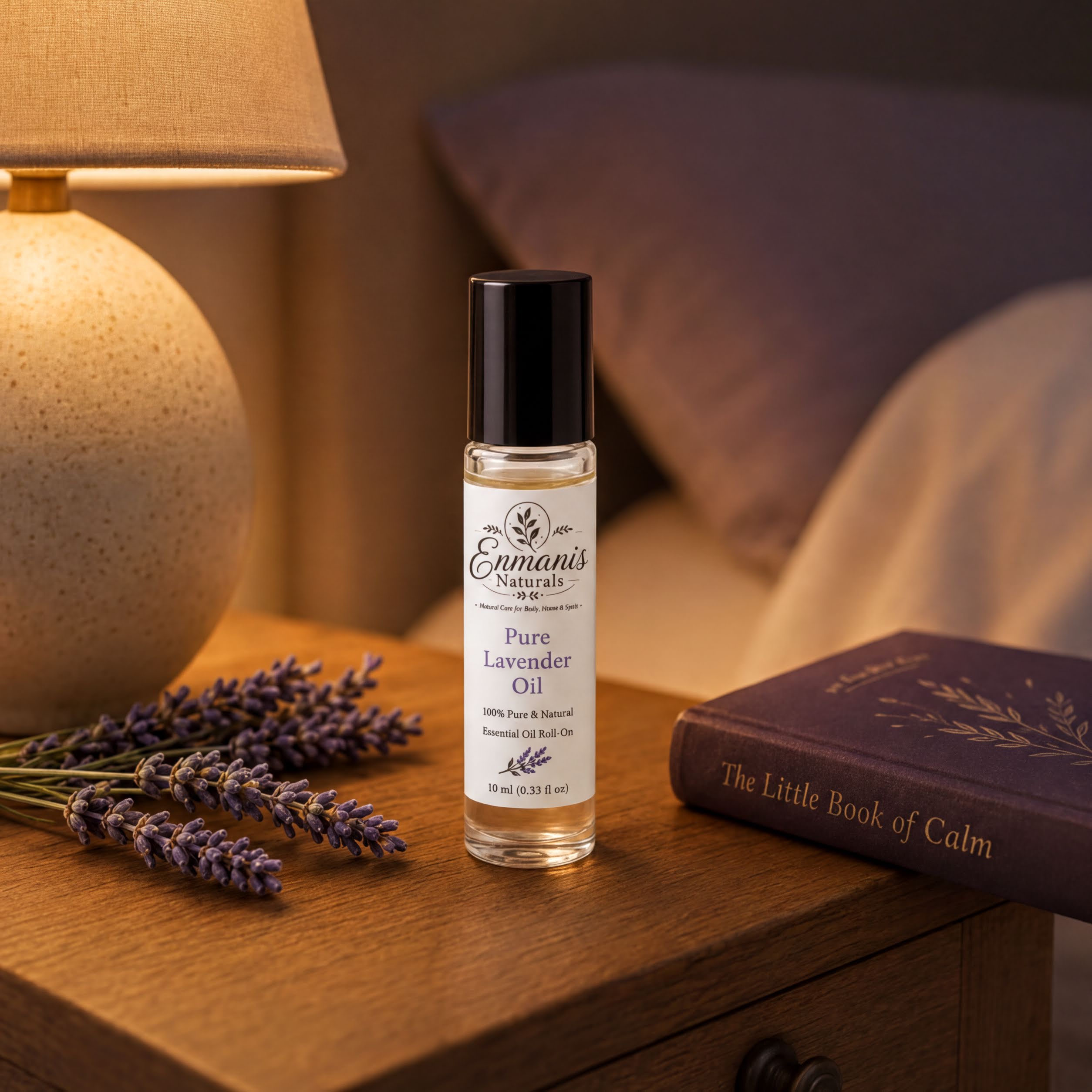A bottle of pure lavender oil is placed on a wooden nightstand next to a lamp and a book titled "The Little Book of Calm".