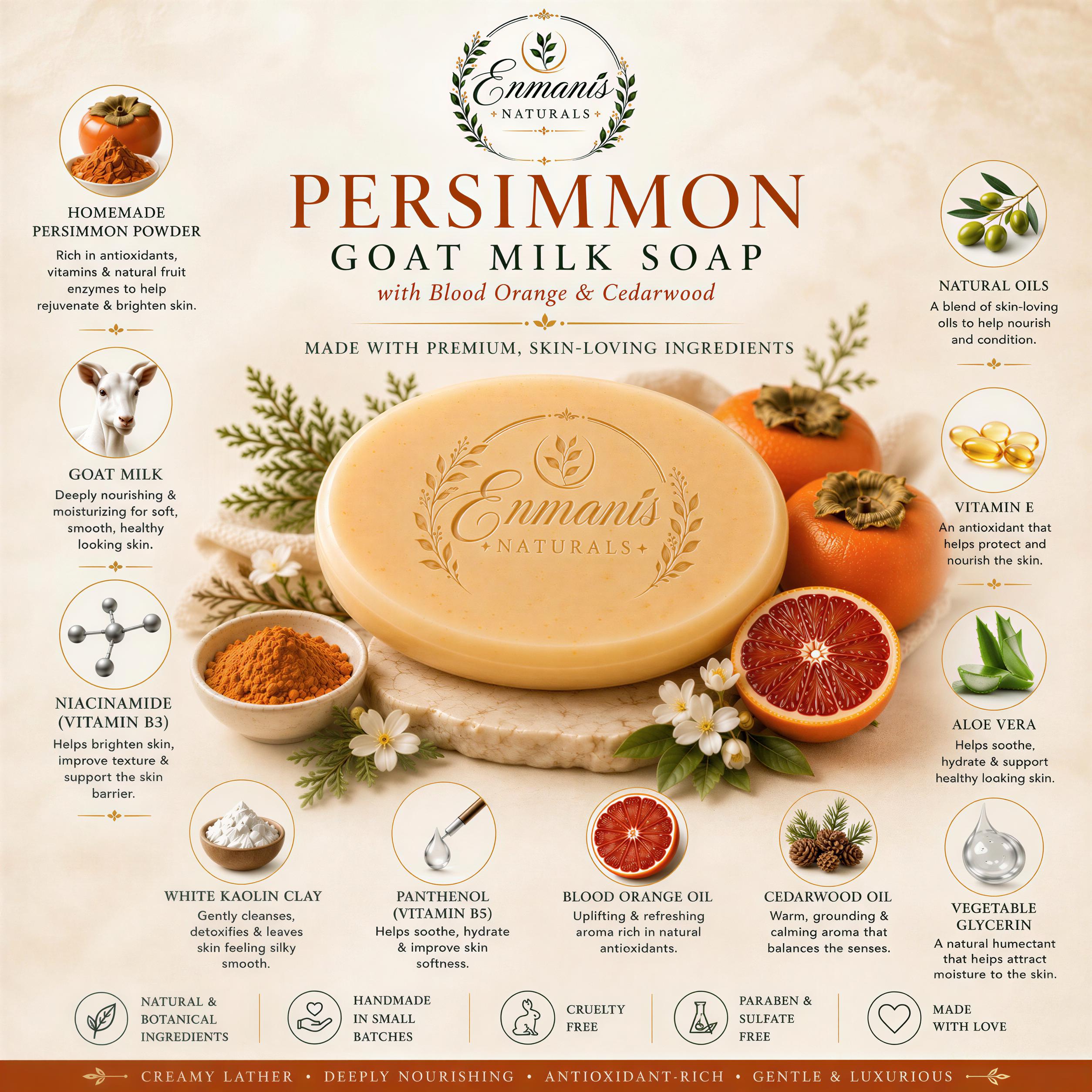 Real Persimmon Soap, Goat Milk Cleansing Bar | Niacinamide | Blood Orange Cedarwood Self Care Set