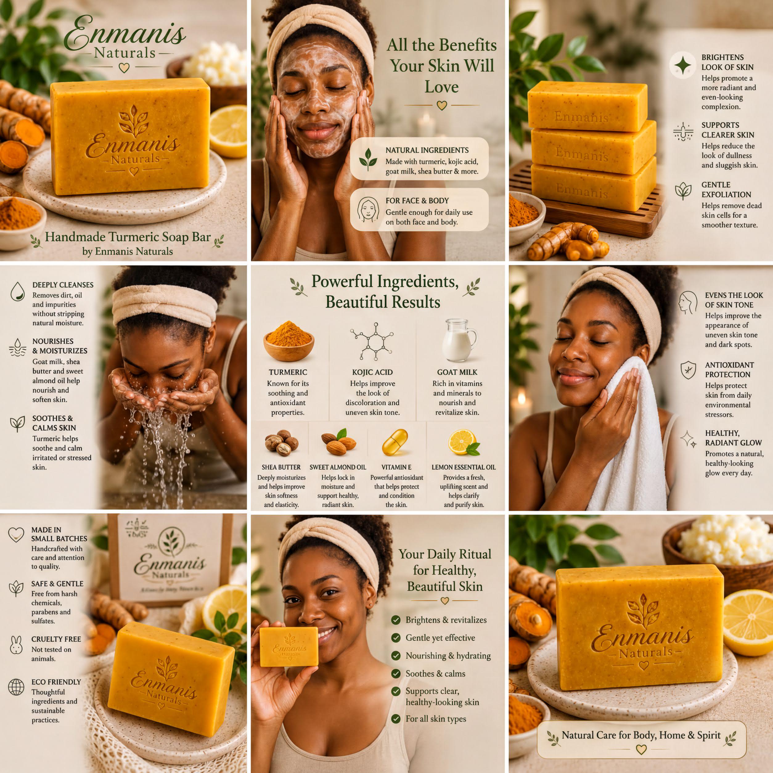 Handmade Turmeric Kojic Acid Soap Bars with Shea Butter, Face Body Cleanser
