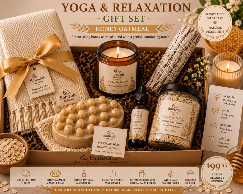 The image is a gift set featuring various items related to yoga and relaxation, including a honey oatmeal candle, a honey oatmeal soap, a honey oatmeal bath soak, and a honey oatmeal massage oil. The items are arranged in a visually appealing manner, showcasing the different products available in the gift set.