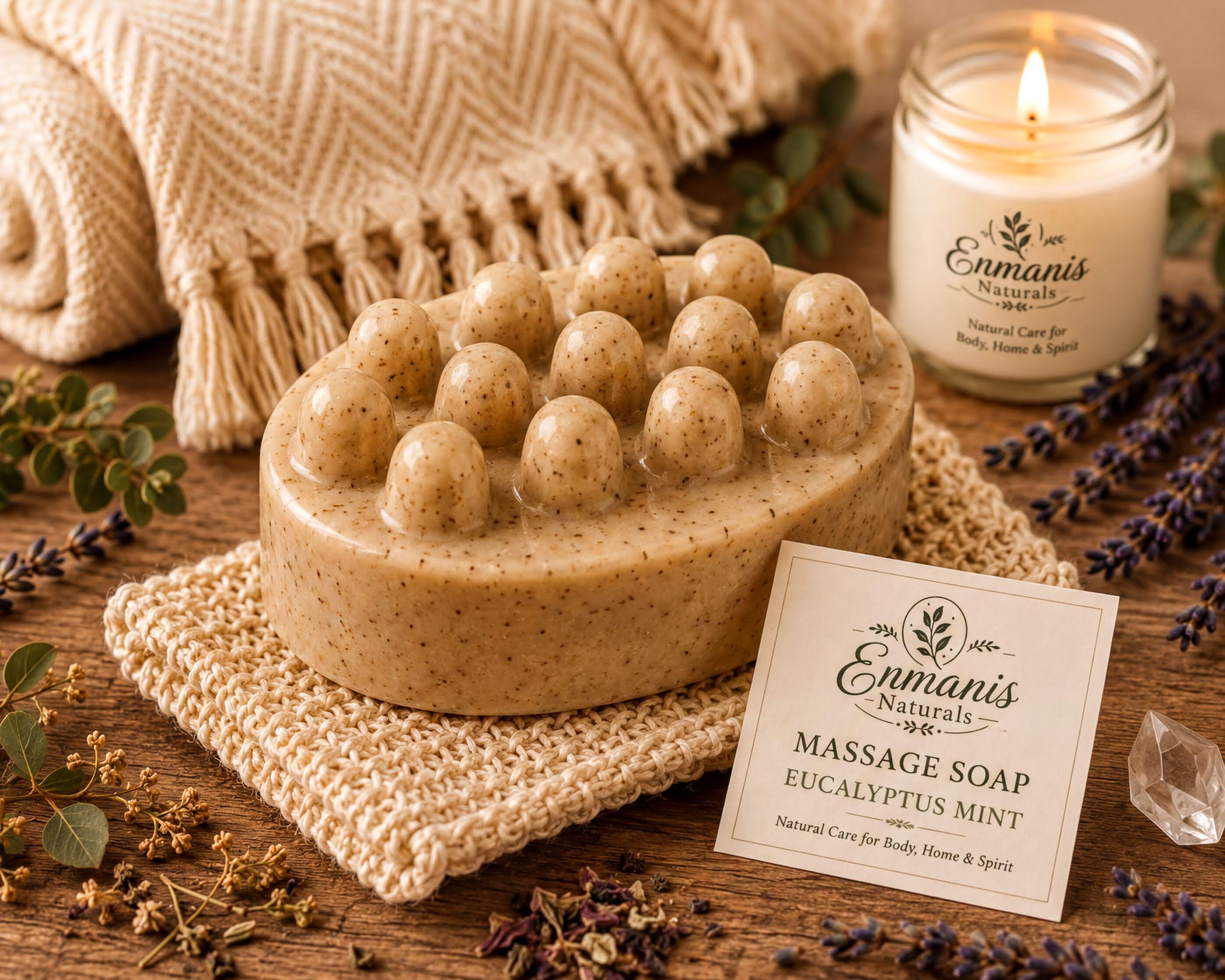 a cozy and relaxing spa setting, featuring a round eucalyptus-scented soap bar, a candle, and various natural elements such as a woven towel, dried lavender, and dried rose petals.