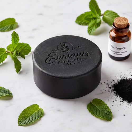 Activated Charcoal Soap, Goat Milk Base, Tea Tree Mint, Kaolin Clay, Round Bar