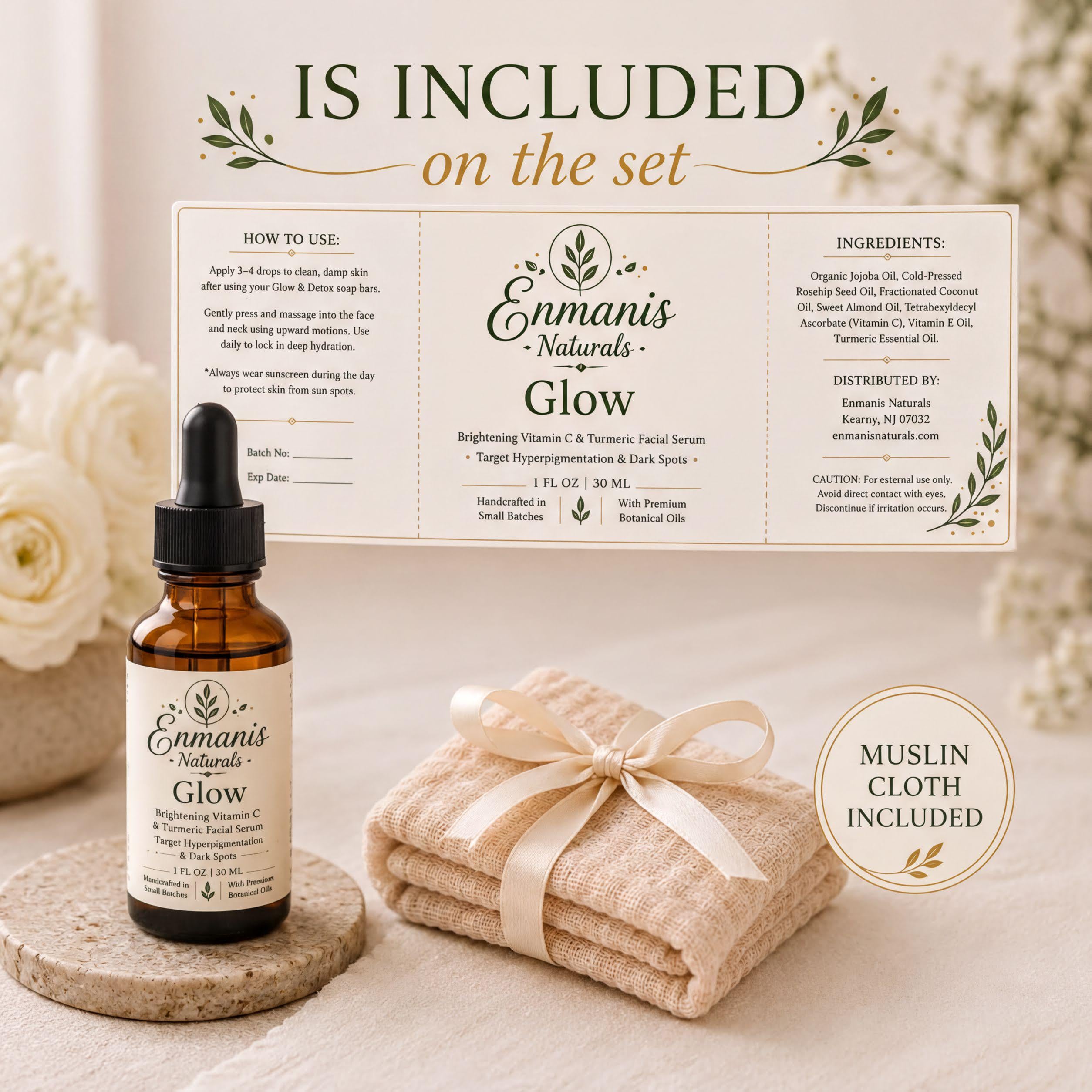 Glow And Detox Trio, Turmeric Kojic Soap - Vitamin C Serum | Activated Charcoal | Muslin Cloth