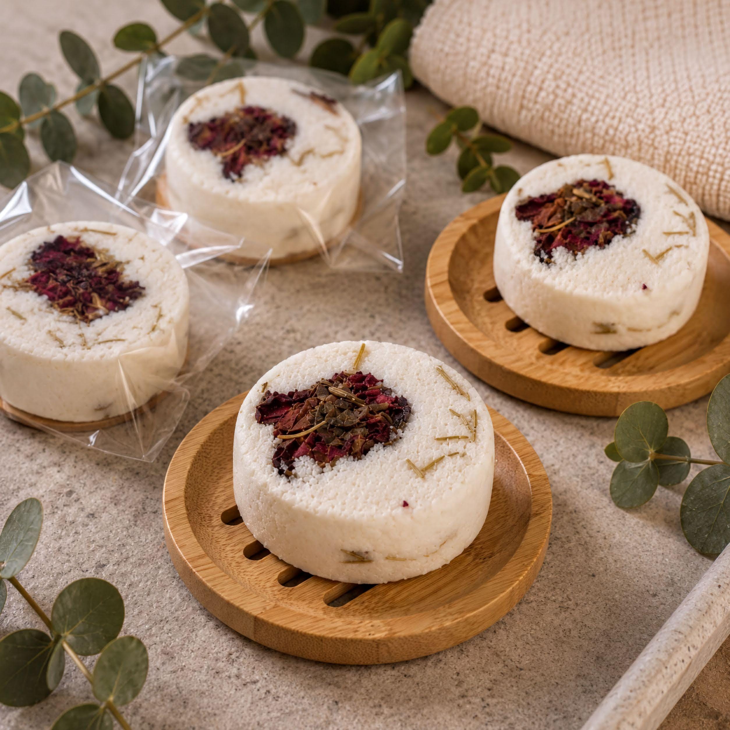 three round, white bath bombs with dried rose petals on top, placed on wooden trays. The bath bombs are surrounded by some greenery, creating a natural and relaxing atmosphere.