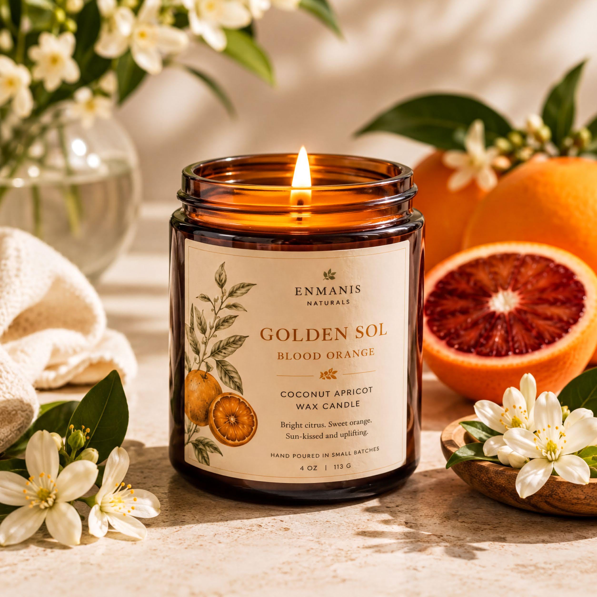 Handmade Candle | Orange Blossom, Coconut Apricot Wax - Amber Glass Jar, Cotton Wick, 4 Oz