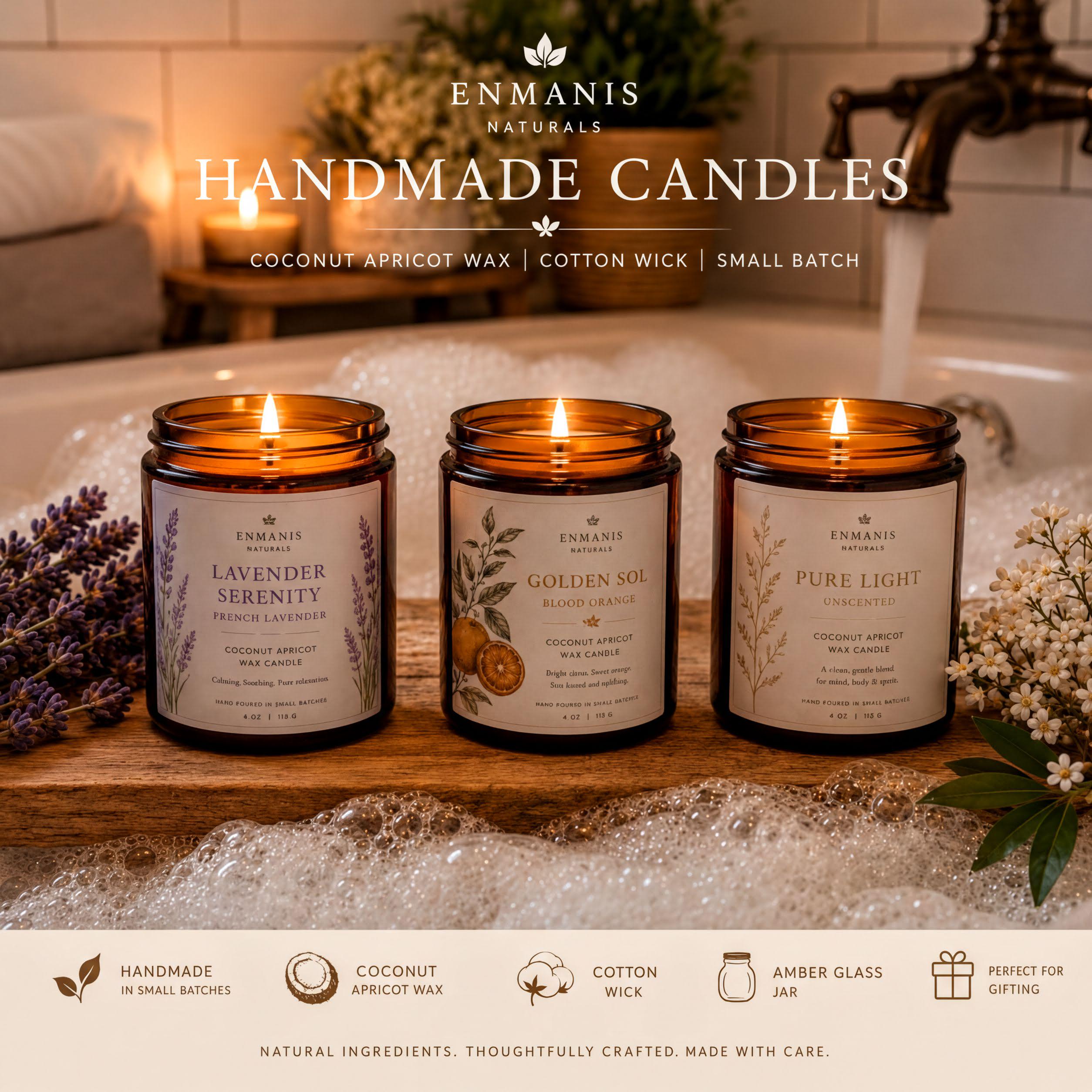 Handmade Candle, Amber Glass Jar - Coconut Apricot Wax | Cotton Wick | Relaxing Ambiance