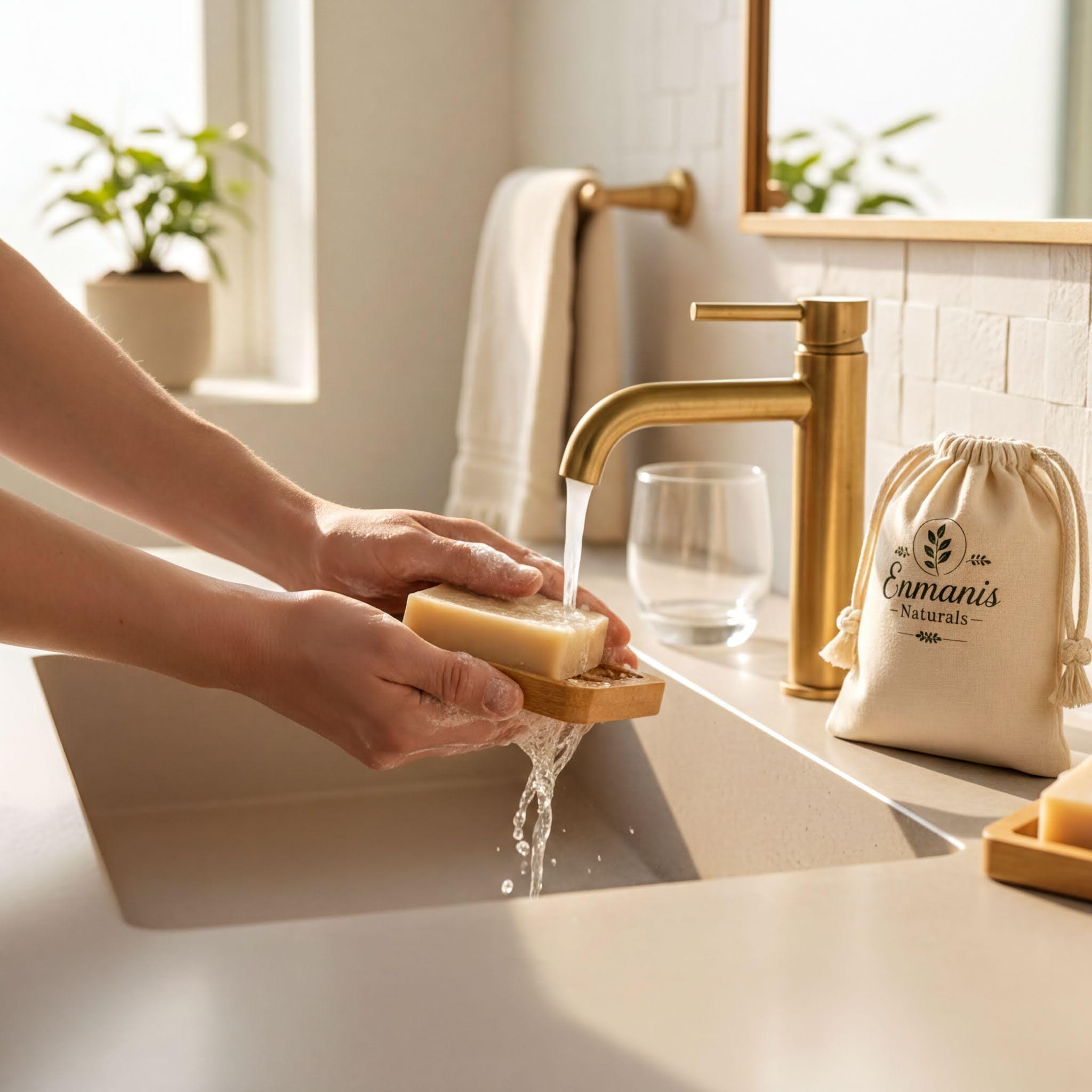 A person's hands washing a bar of soap in a sink, with a glass of water and a bag of soap on the counter.