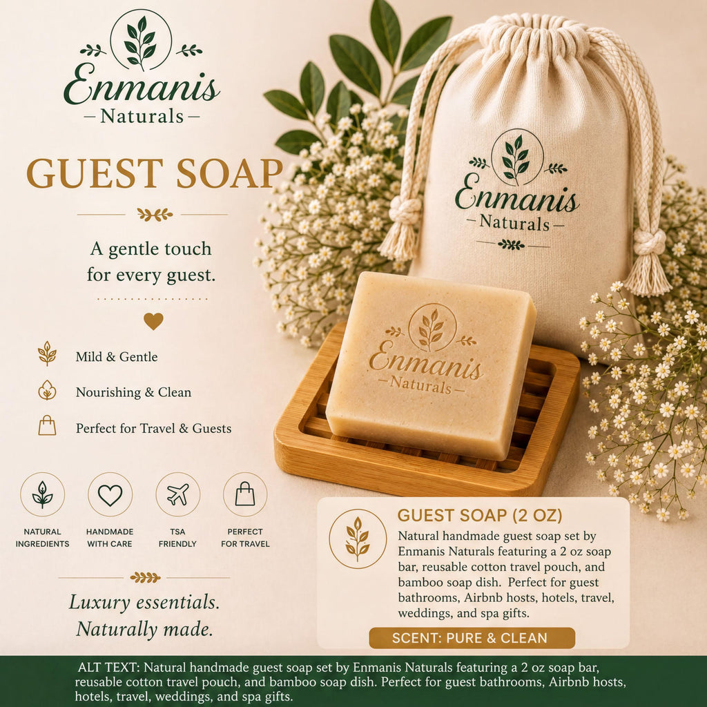 The image is an advertisement for Enmanis Naturals' guest soap. It features a wooden soap dish with a bar of soap, surrounded by white flowers and greenery. The text highlights the soap's gentle touch, nourishing and clean properties, and its perfect for travel and guests. The advertisement also mentions that the soap is made from natural ingredients and is a luxury essential.