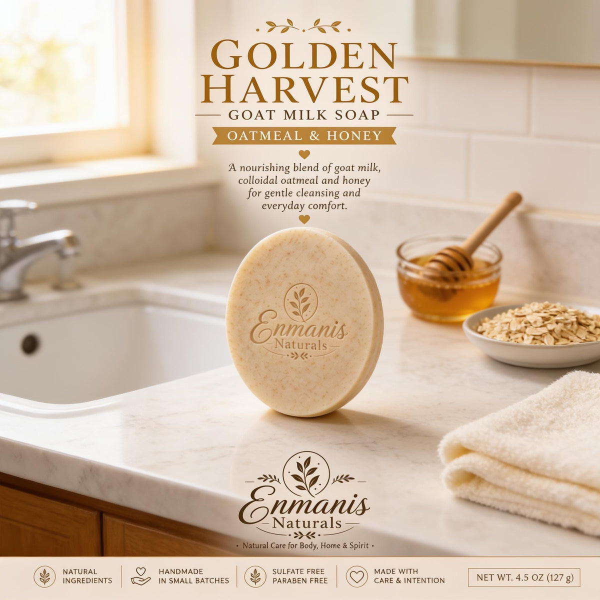 Goat Milk Soap, Handmade Colloidal Oatmeal Honey Cleanser | Sensitive Skin | 5.5 Oz Oval Bar