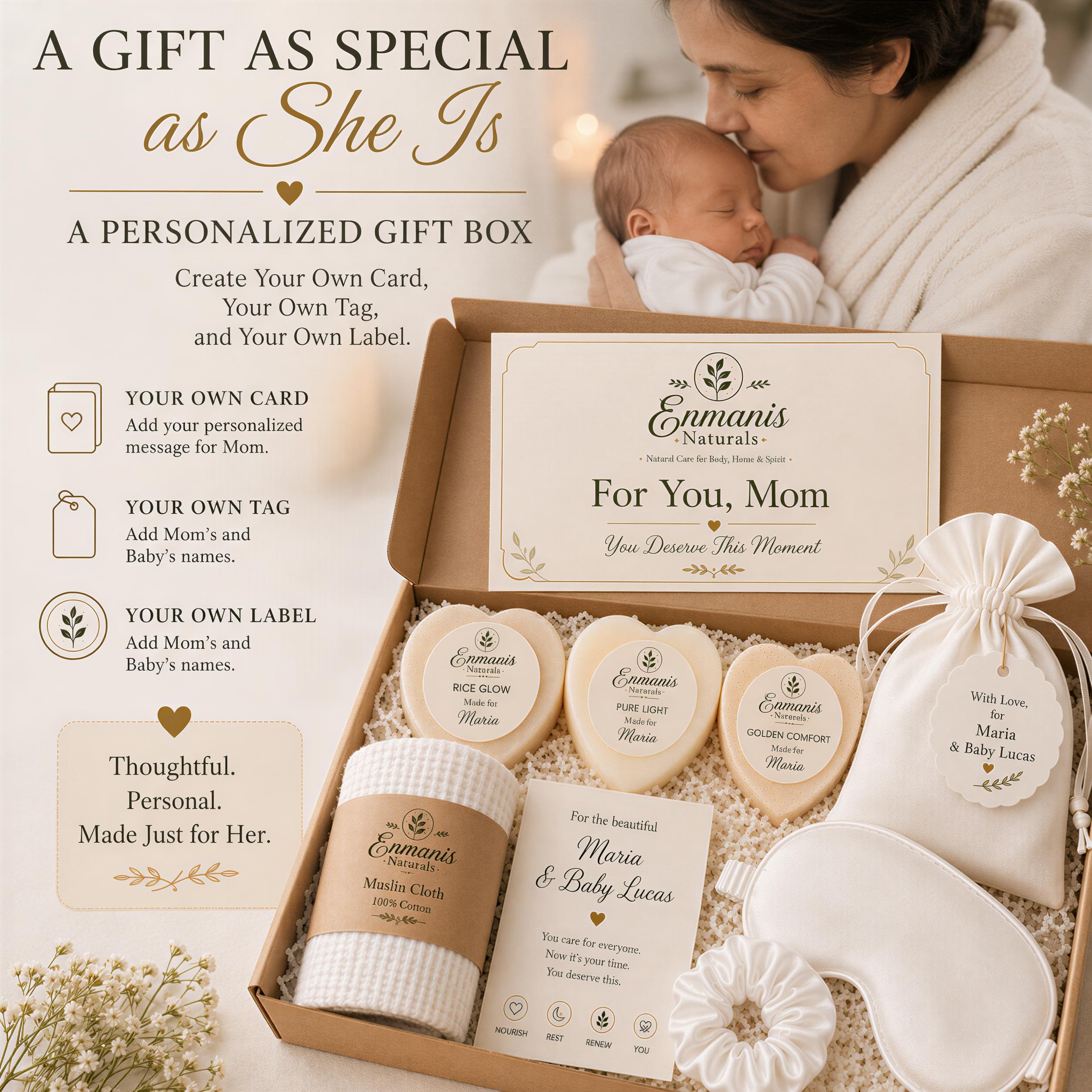 New Mom Self Care Gift Box | Postpartum Spa Set Heart Soaps, Eye Mask, Scrunchie, Muslin Cloth