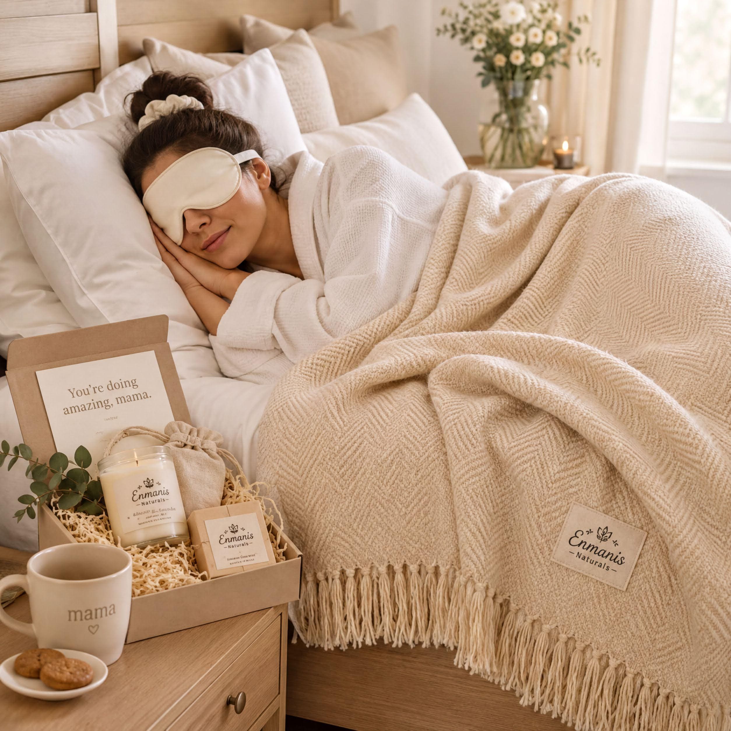 New Mom Self Care Gift Box | Postpartum Spa Set Heart Soaps, Eye Mask, Scrunchie, Muslin Cloth