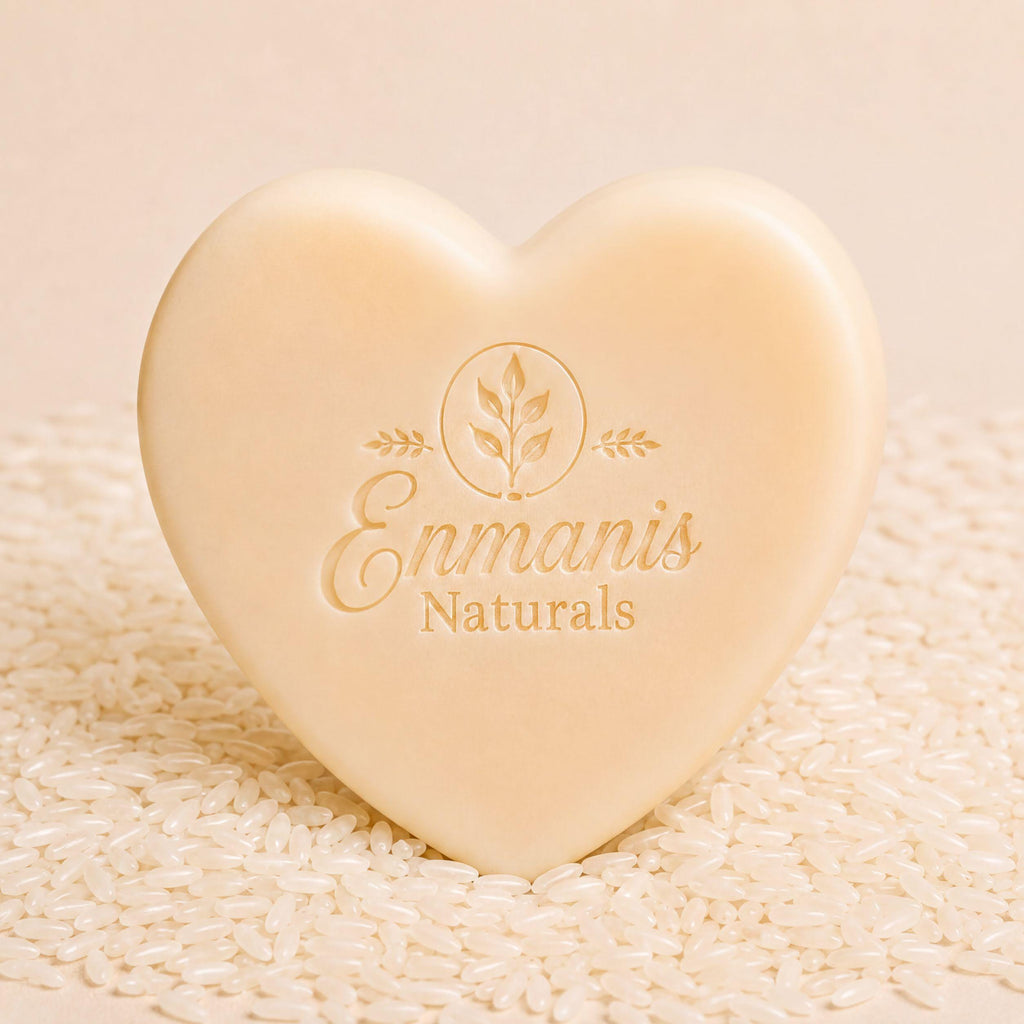 A heart-shaped object with embossed text and a leaf design, placed on a bed of rice.