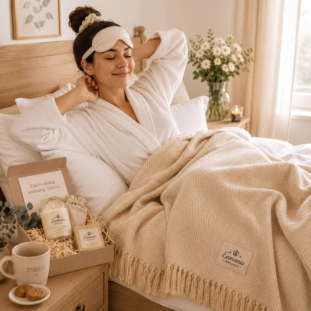 New Mom Self Care Gift Box | Postpartum Spa Set Heart Soaps, Eye Mask, Scrunchie, Muslin Cloth