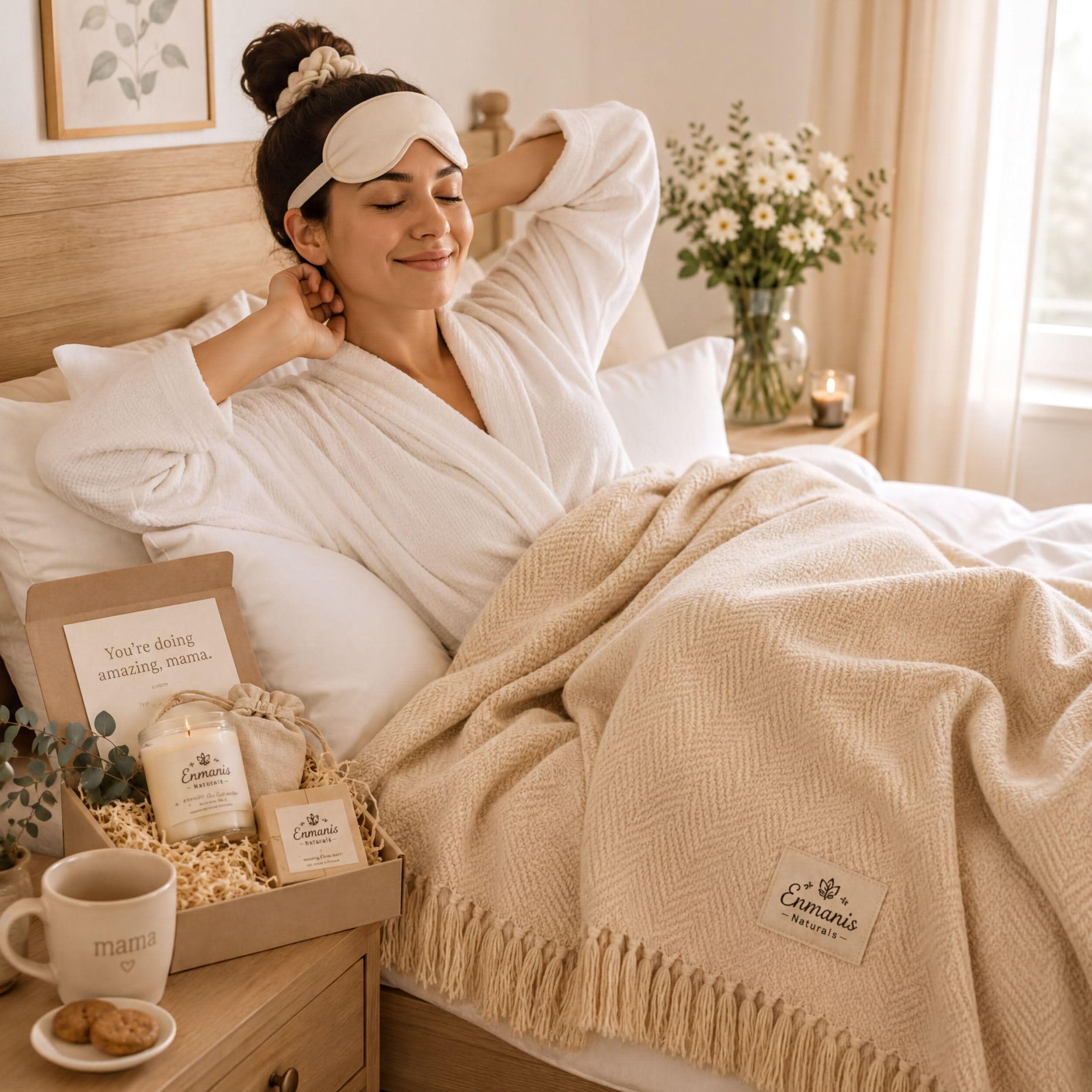 New Mom Self Care Gift Box | Postpartum Spa Set Heart Soaps, Eye Mask, Scrunchie, Muslin Cloth