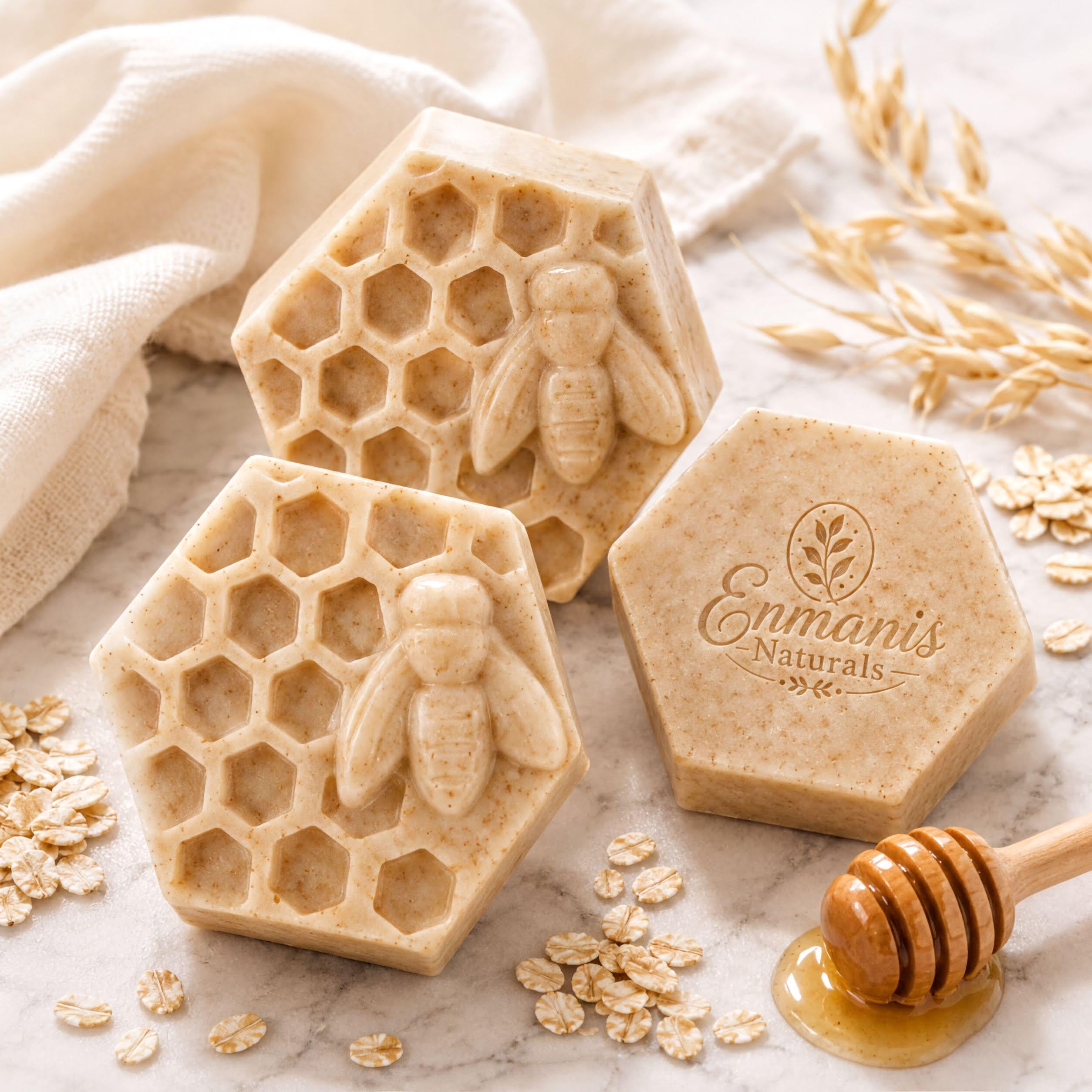 Oatmeal Honey Goat Milk Soap, Honeycomb Bee Trio Set Of 3 | Bamboo Dish | Personalized Gift Box