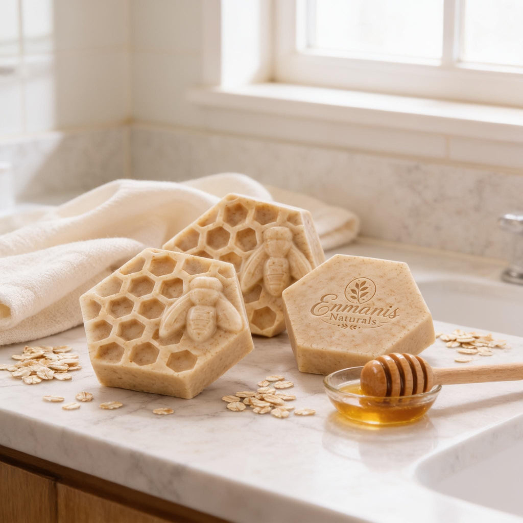 Oatmeal Honey Goat Milk Soap, Honeycomb Bee Trio Set Of 3 | Bamboo Dish | Personalized Gift Box