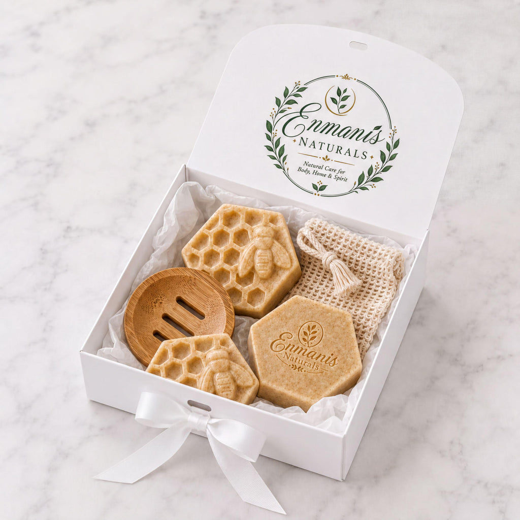 Oatmeal Honey Goat Milk Soap, Honeycomb Bee Trio Set Of 3 | Bamboo Dish | Personalized Gift Box