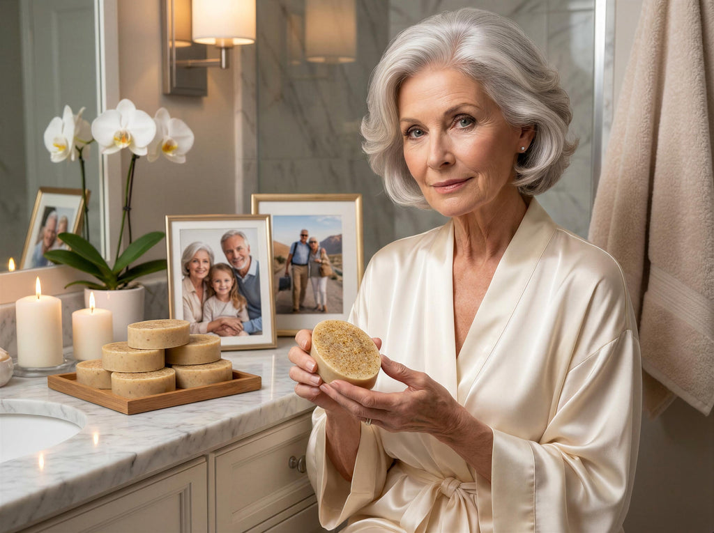A woman in a white robe is sitting in a bathroom, holding a round object, possibly a soap bar, and smiling at the camera. The bathroom counter has several candles and framed photos, creating a cozy and intimate atmosphere.