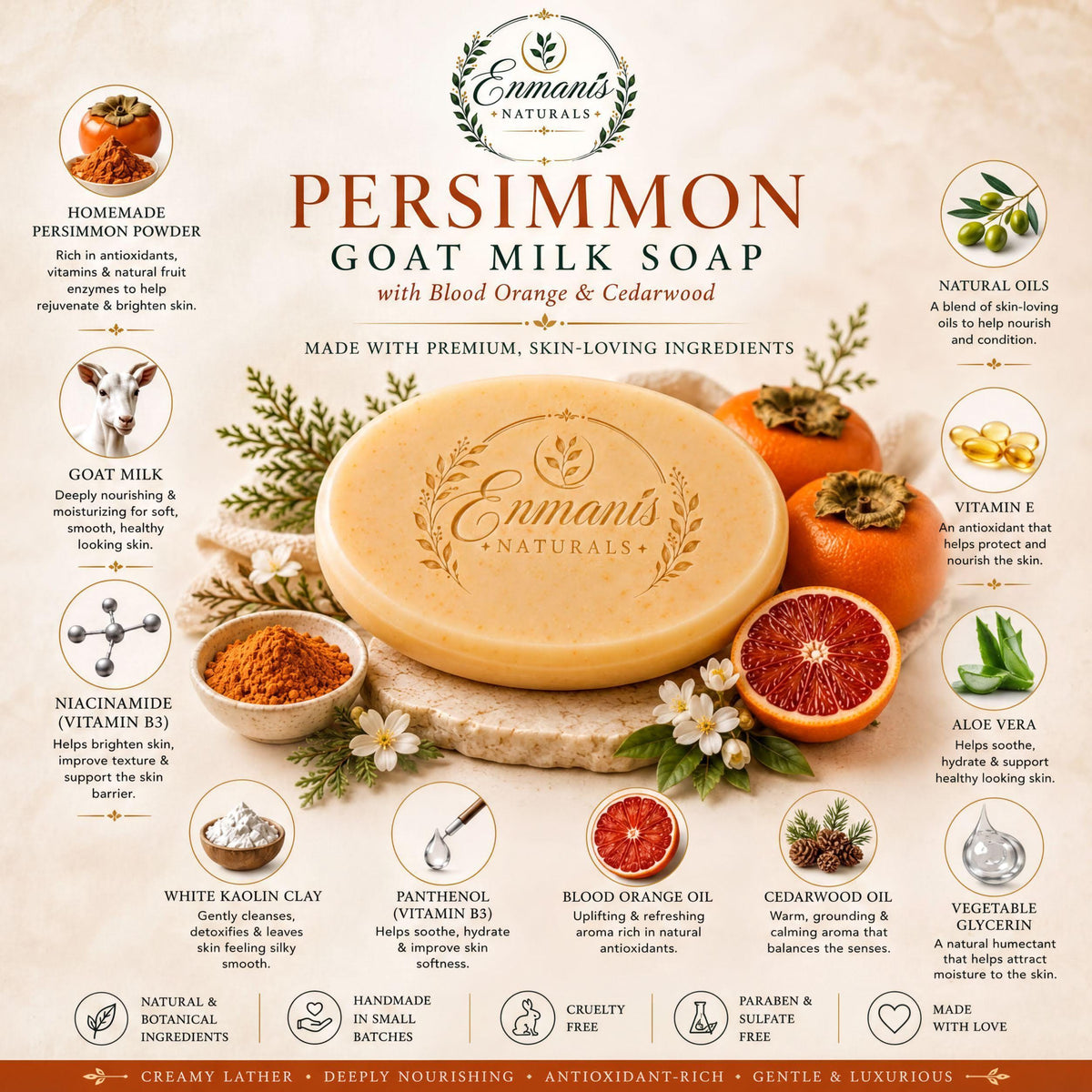 Persimmon Soap, Goat Milk Trio | Niacinamide | Kaolin Clay | Blood Orange Cedarwood 5.5 Oz
